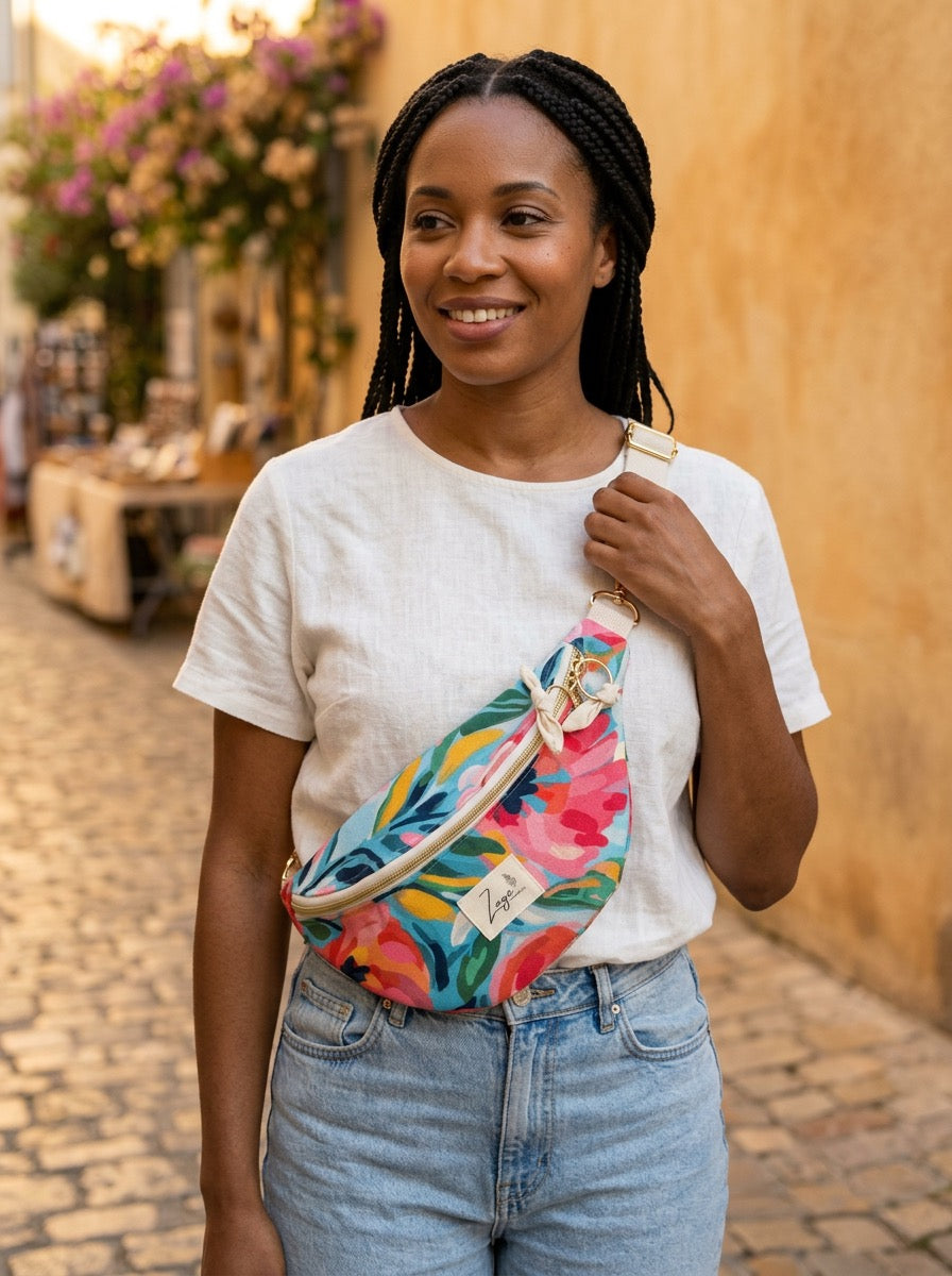 Sac banane femme Eté | Toile de coton fleurie colorée & doublure beigeSac Femme Zage Colorful Life