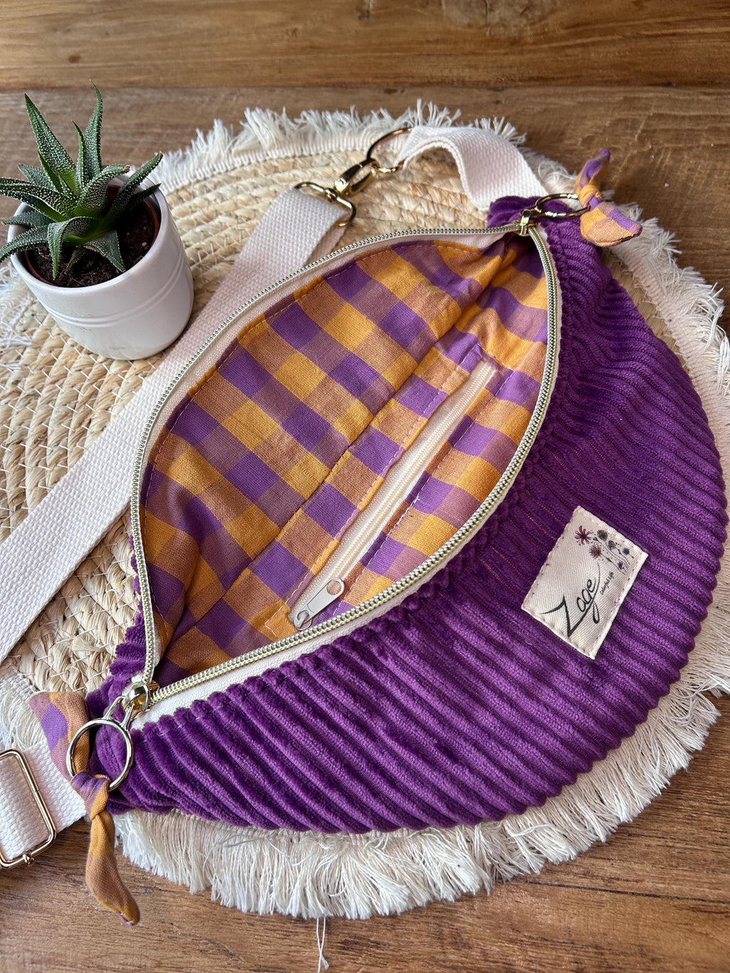 Sac banane femme hiver | Velours côtelé violet & doublure seersucker carreaux violet jauneSac Femme Zage Colorful Life