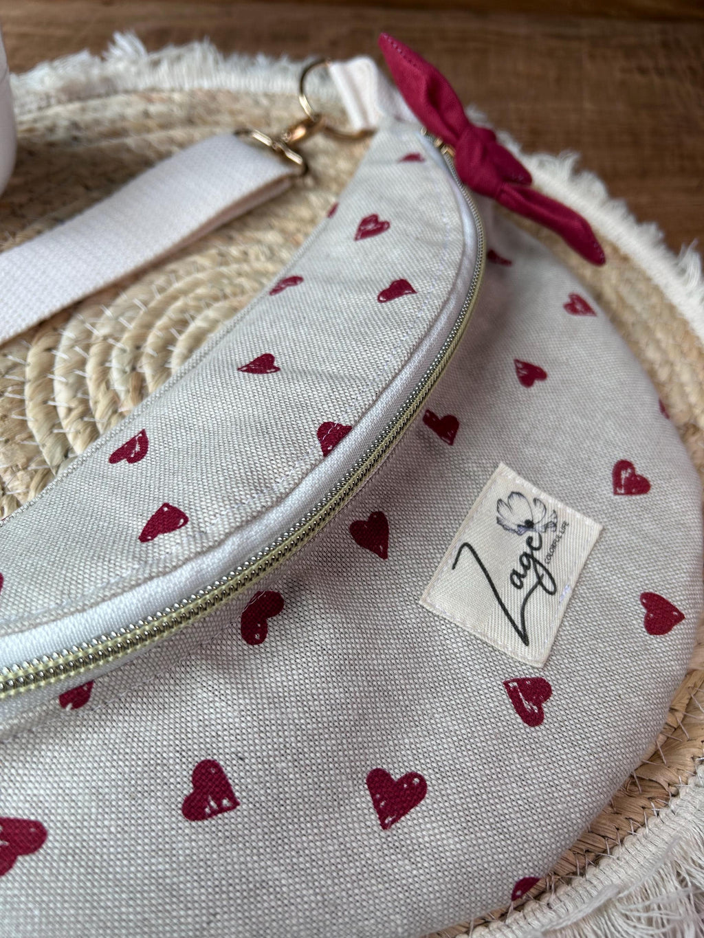 Sac banane femme  | Toile beige cœurs rouges & doublure rougeSac Femme Zage Colorful Life