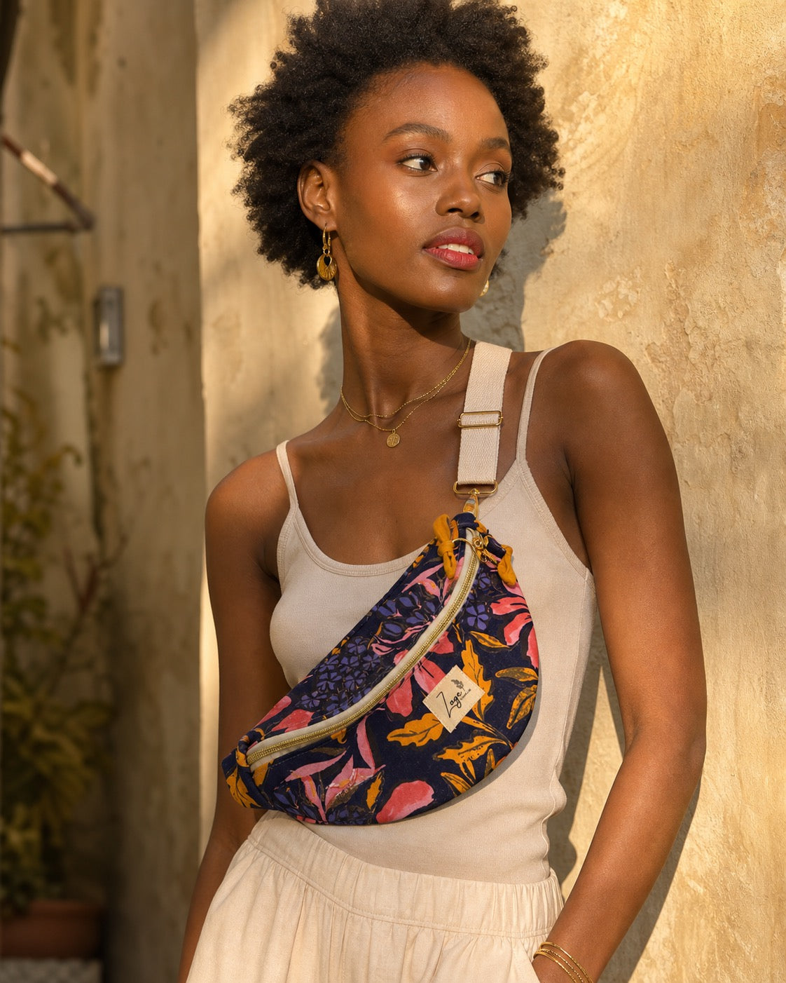 Sac banane femme Eté | Toile de coton fleurie colorée foncée & doublure orangeSac Femme Zage Colorful Life