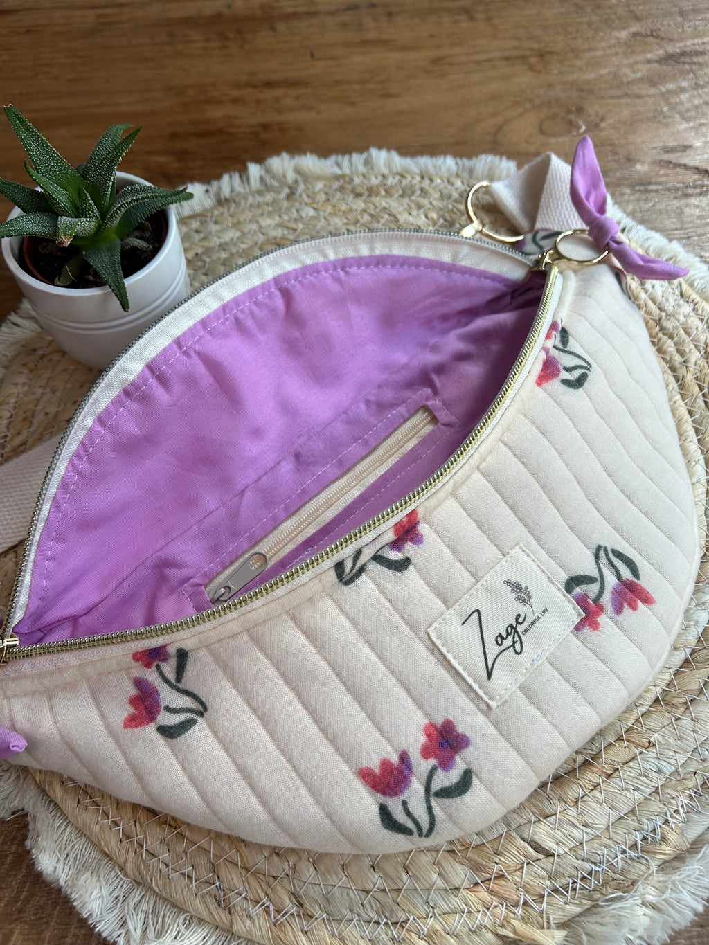 Sac banane femme Matelassé | Tissu jersey matelassé beige écru & doublure LilaSac Femme Zage Colorful Life