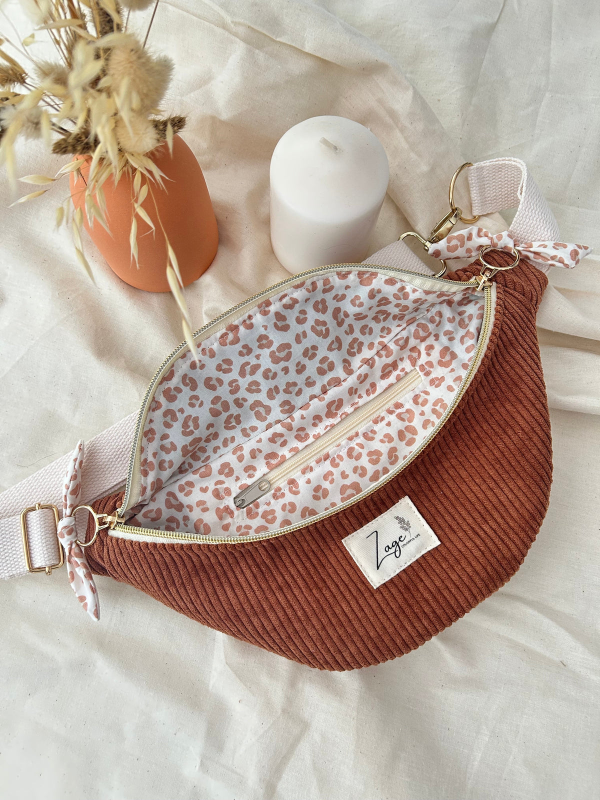 Sac banane femme hiver | Velours côtelé marron & doublure léopard caféSac Femme Zage Colorful Life