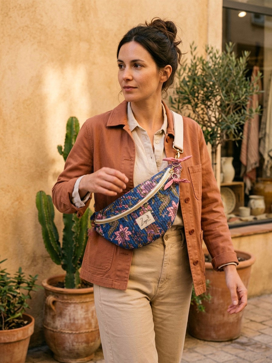 Sac banane femme Matelassé | Tissu matelassé bleu fleuri & doublure roseSac Femme Zage Colorful Life