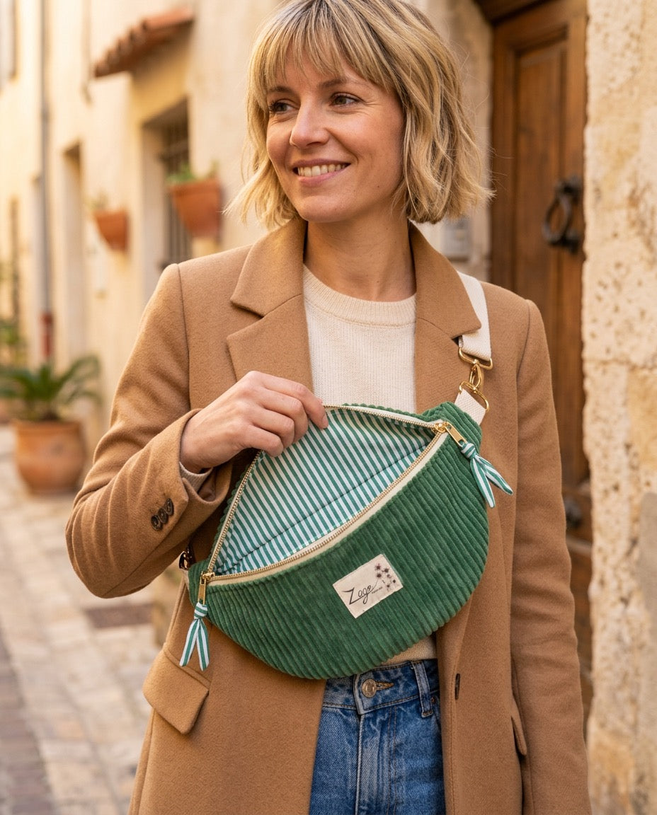Sac banane femme hiver | Velours côtelé vert & doublure rayée blanc et vertSac Femme Zage Colorful Life