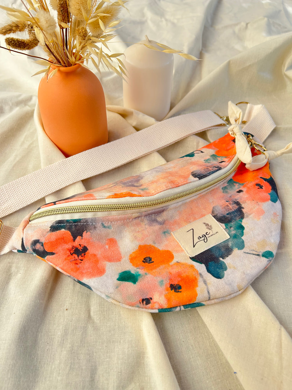 Sac banane femme Eté | Toile de coton fleurie orange & doublure beige (Copie)Sac Femme Zage Colorful Life