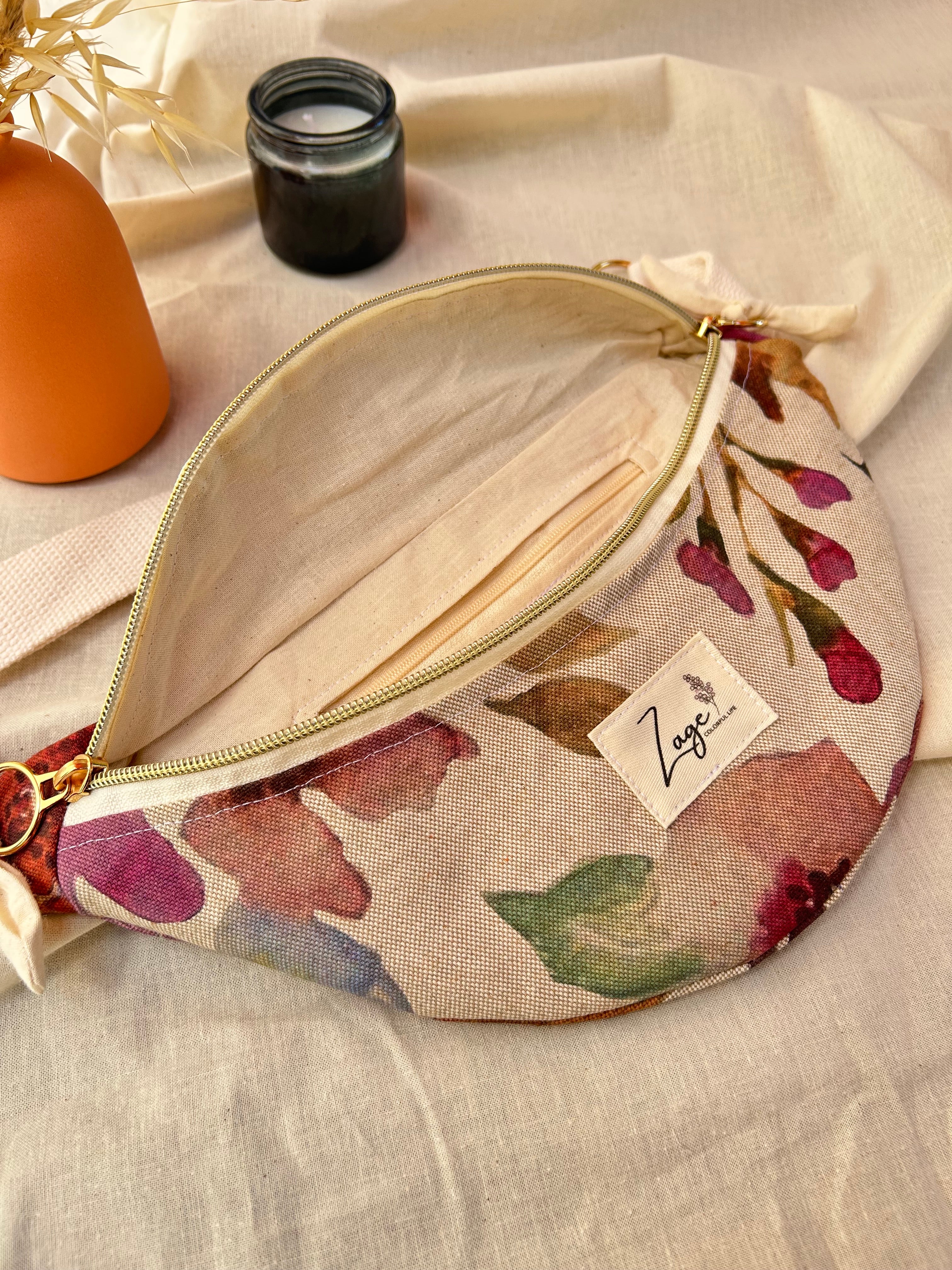 Sac banane femme Eté | Toile de coton fleurie colorée & doublure beige (Copie)Sac Femme Zage Colorful Life