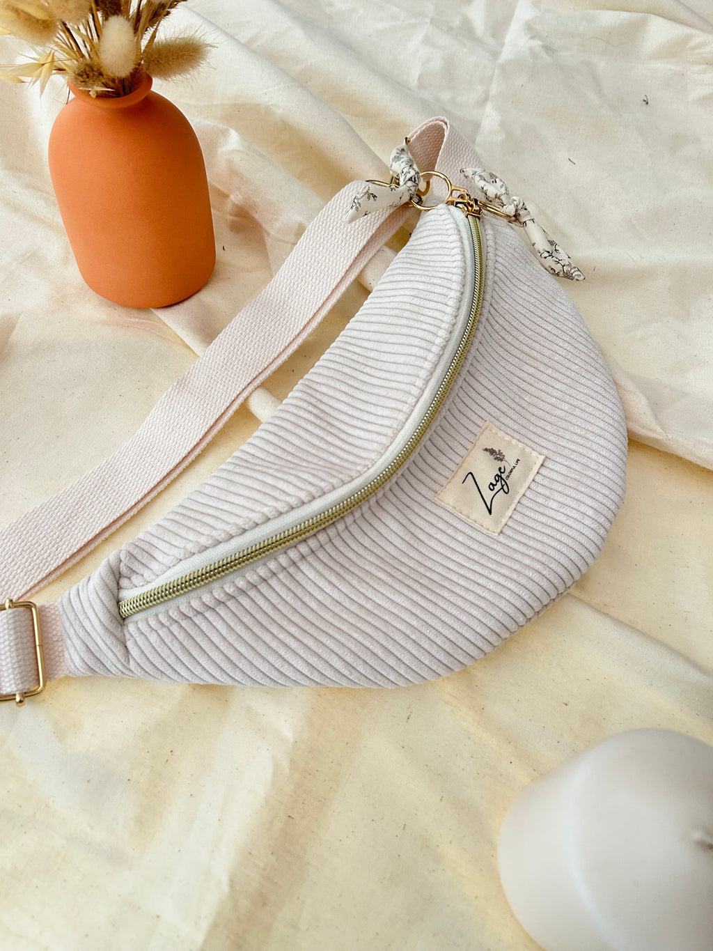 Sac banane femme hiver | Velours côtelé écru  & doublure fleurieSac Femme Zage Colorful Life