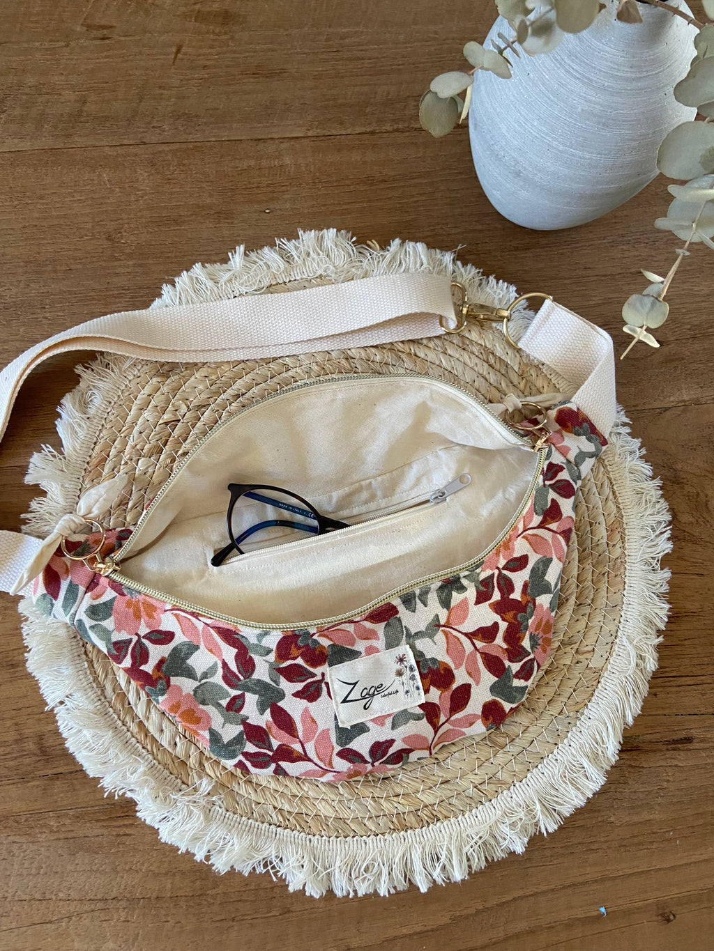 Sac Banane Femme | Gabardine Fleurs roses & doublure beigeSac Femme Zage Colorful Life