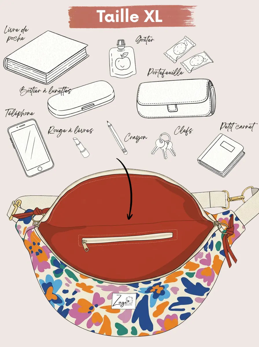 Sac Banane Femme | Toile de coton fleurie multicolore & doublure TerracottaSac Femme Zage Colorful Life