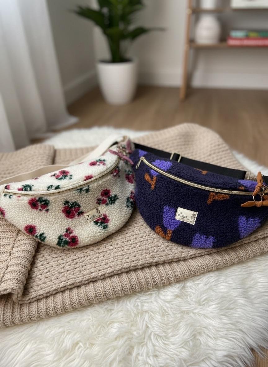 Sac banane femme hiver | Bouclettes/sherpa blanc motifs fleuris roses & doublure roseSac Femme Zage Colorful Life