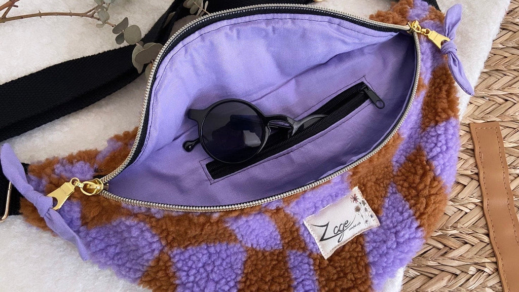 Sac banane femme hiver | Bouclettes/sherpa graphique violet marron & doublure violetteSac Femme Zage Colorful Life