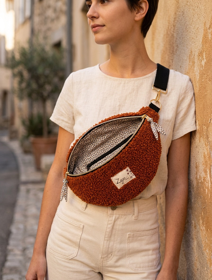Sac banane femme hiver | Bouclettes/sherpa marron & doublure à motifsSac Femme Zage Colorful Life