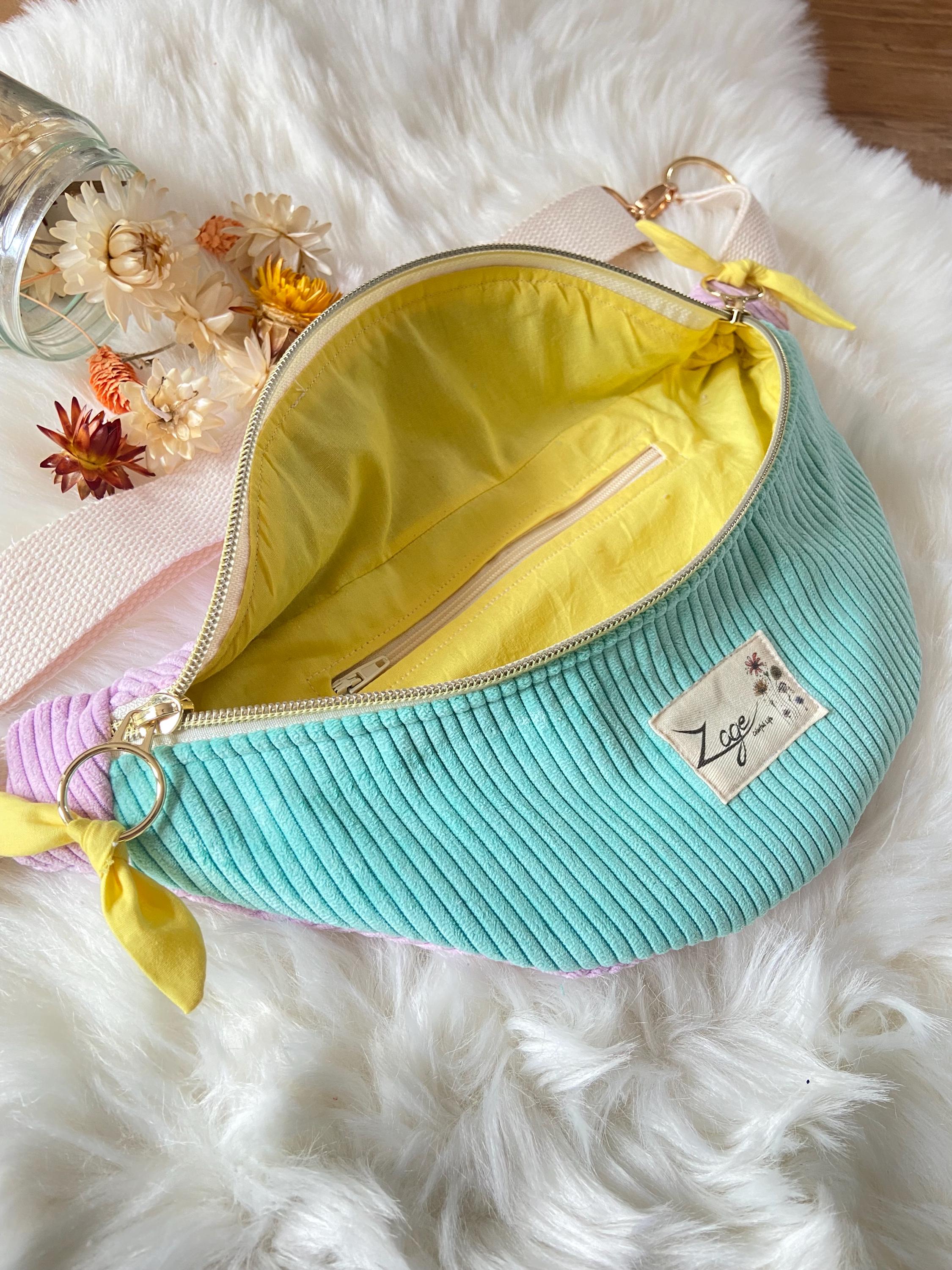 Sac banane femme hiver | Velours côtelé vert et parme & doublure jauneSac Femme Zage Colorful Life