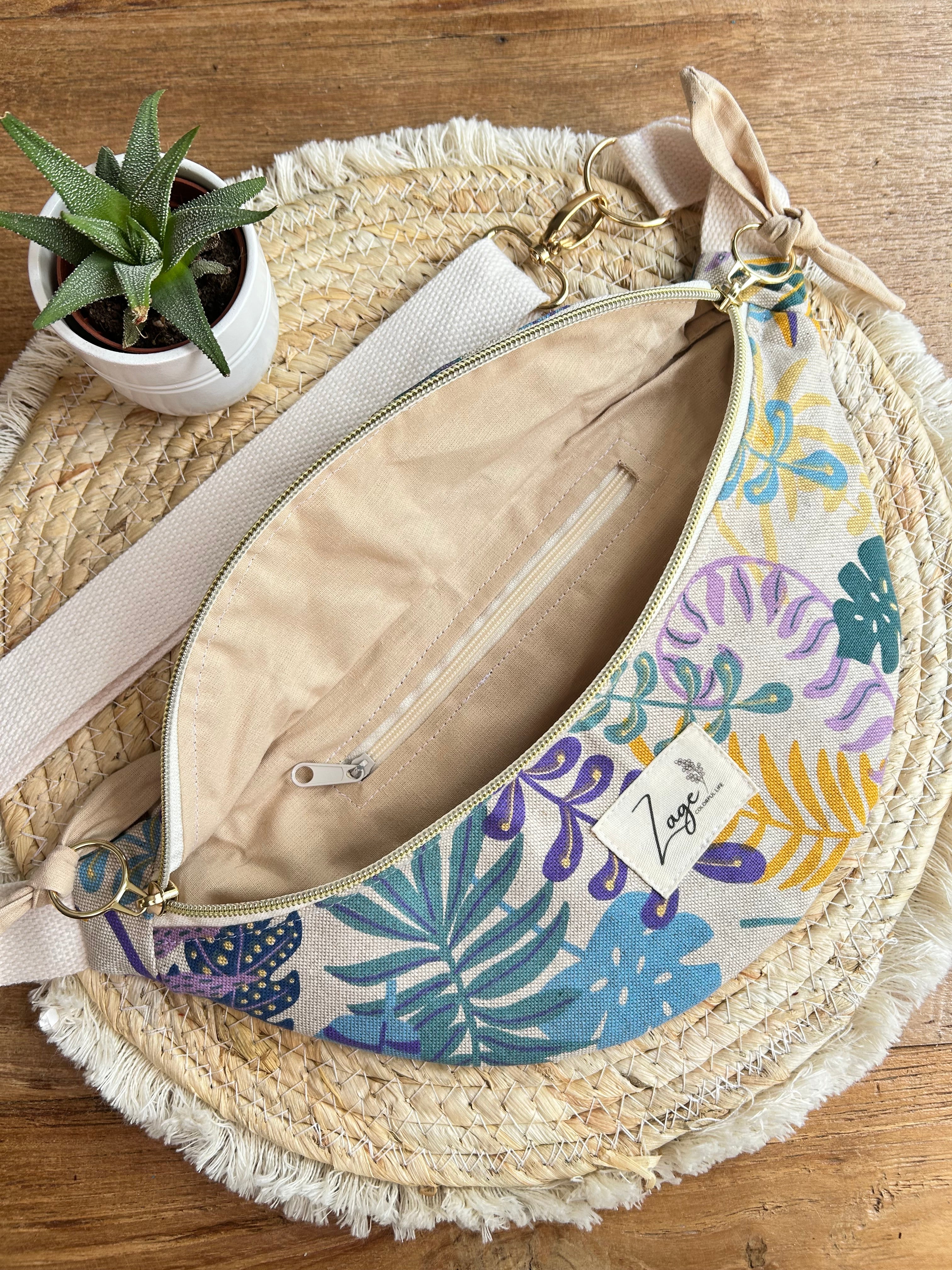 Sac banane femme Eté | Toile de coton feuilles colorées & doublure beigeSac Femme Zage Colorful Life