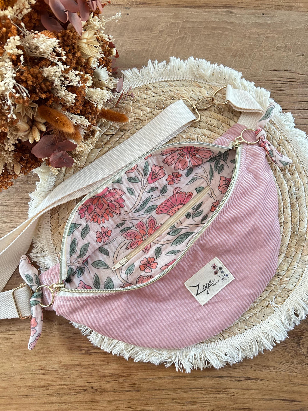 Sac banane femme hiver | Velours côtelé rose & doublure gaze de coton fleuri roseSac Femme Zage Colorful Life