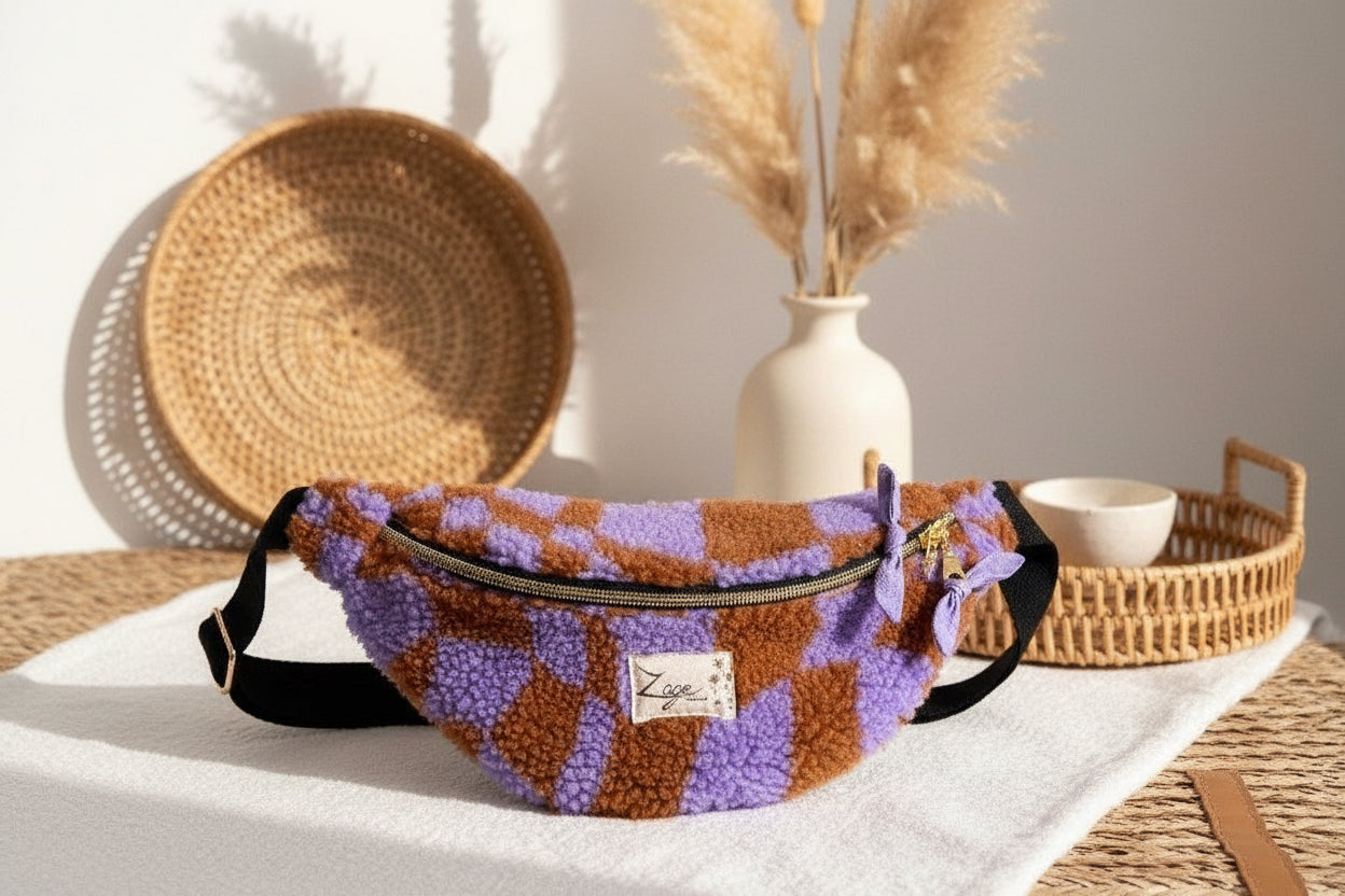 Sac banane femme hiver | Bouclettes/sherpa graphique violet marron & doublure violetteSac Femme Zage Colorful Life