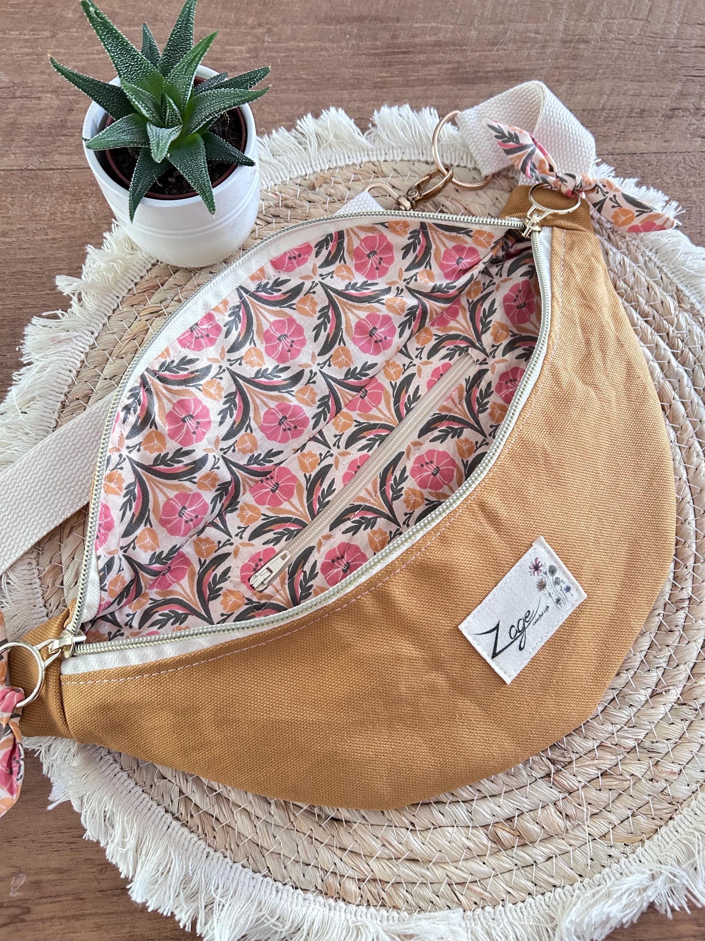 Sac banane femme été | Toile canvas jaune moutarde & doublure fleurie roseSac Femme Zage Colorful Life