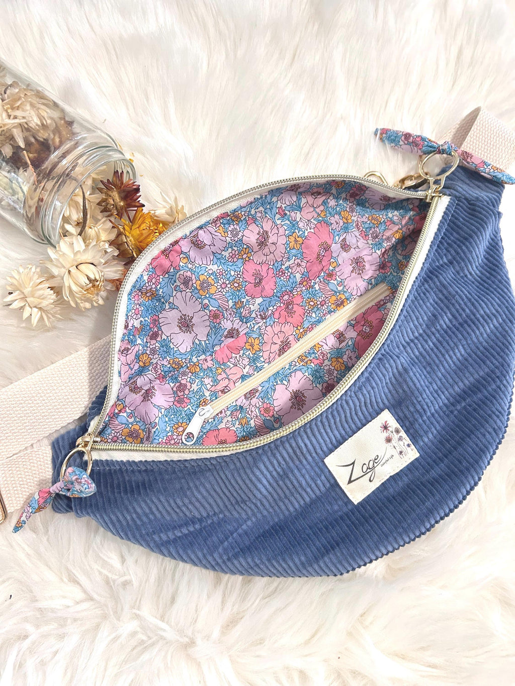 Sac banane femme hiver | Velours côtelé bleu & doublure liberty bleu et roseSac Femme Zage Colorful Life