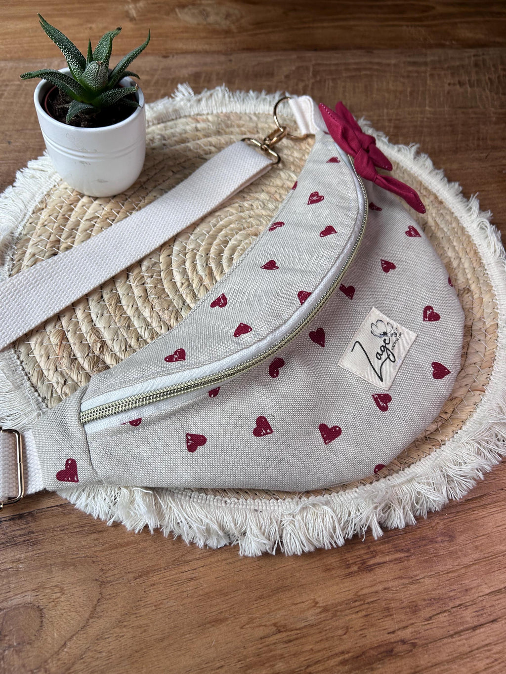 Sac banane femme  | Toile beige cœurs rouges & doublure rougeSac Femme Zage Colorful Life