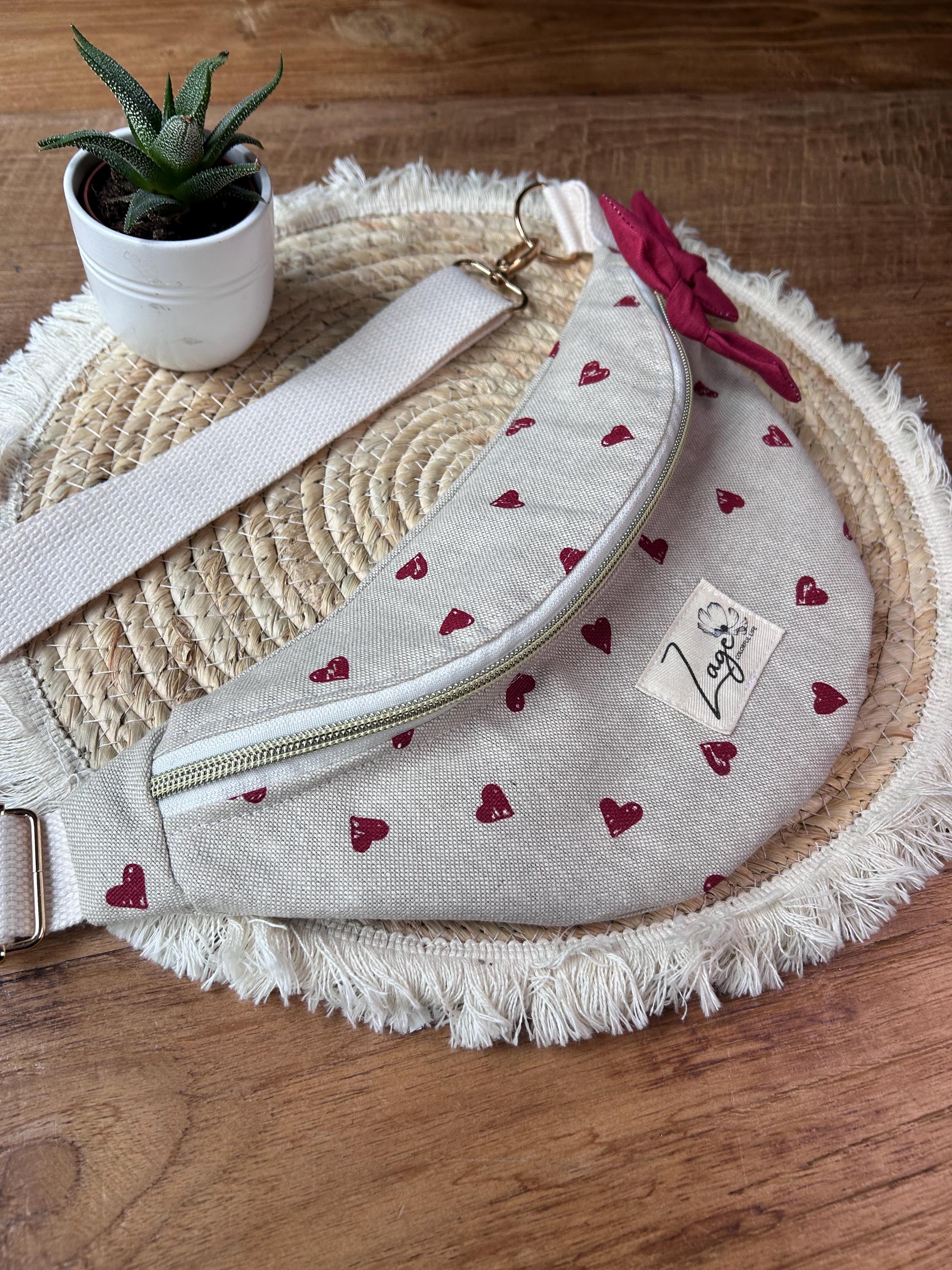 Sac banane femme  | Toile beige cœurs rouges & doublure rougeSac Femme Zage Colorful Life