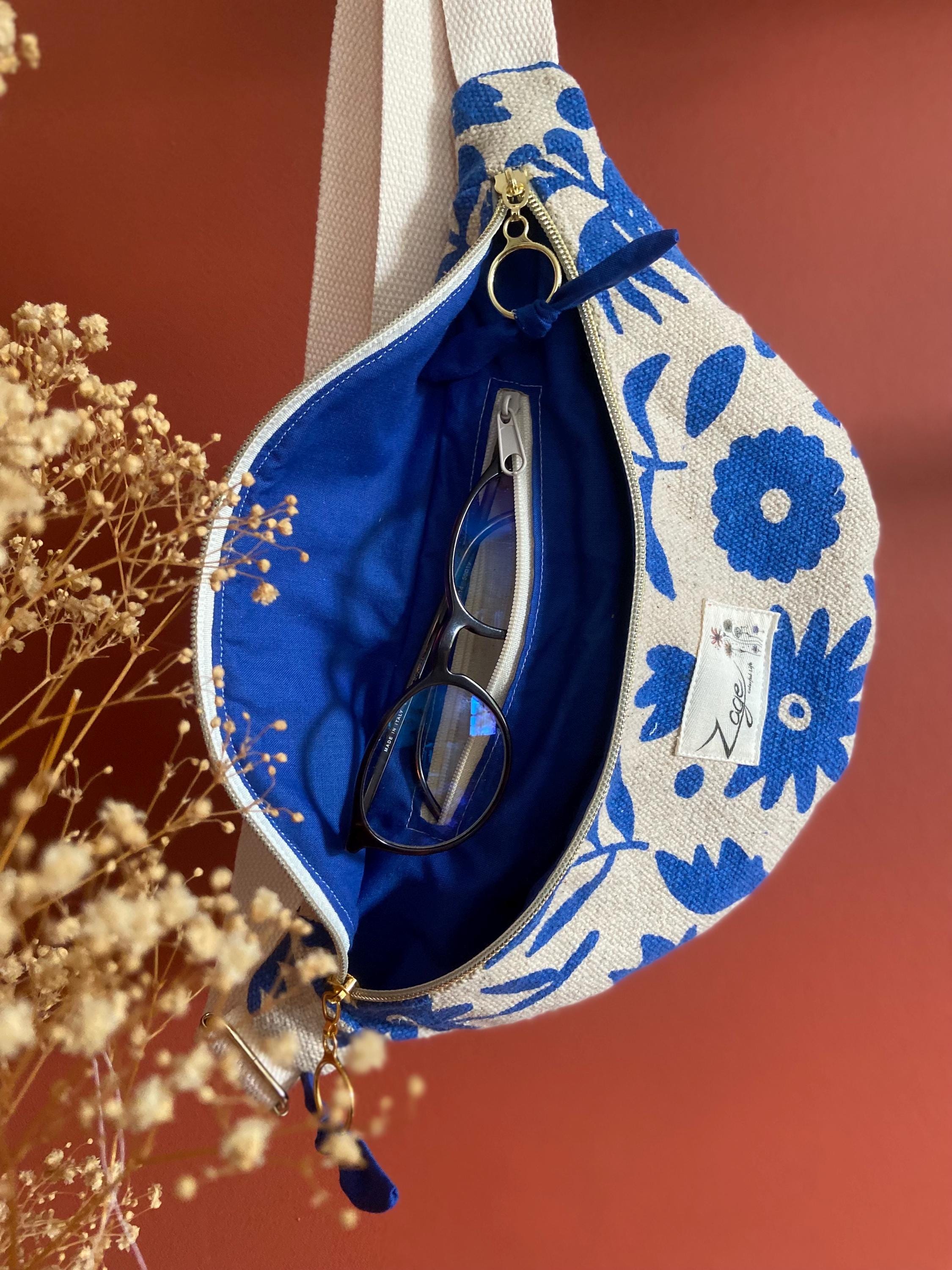 Sac banane femme Eté | toile indienne beige avec motifs bleus  & doublure bleuSac Femme Zage Colorful Life