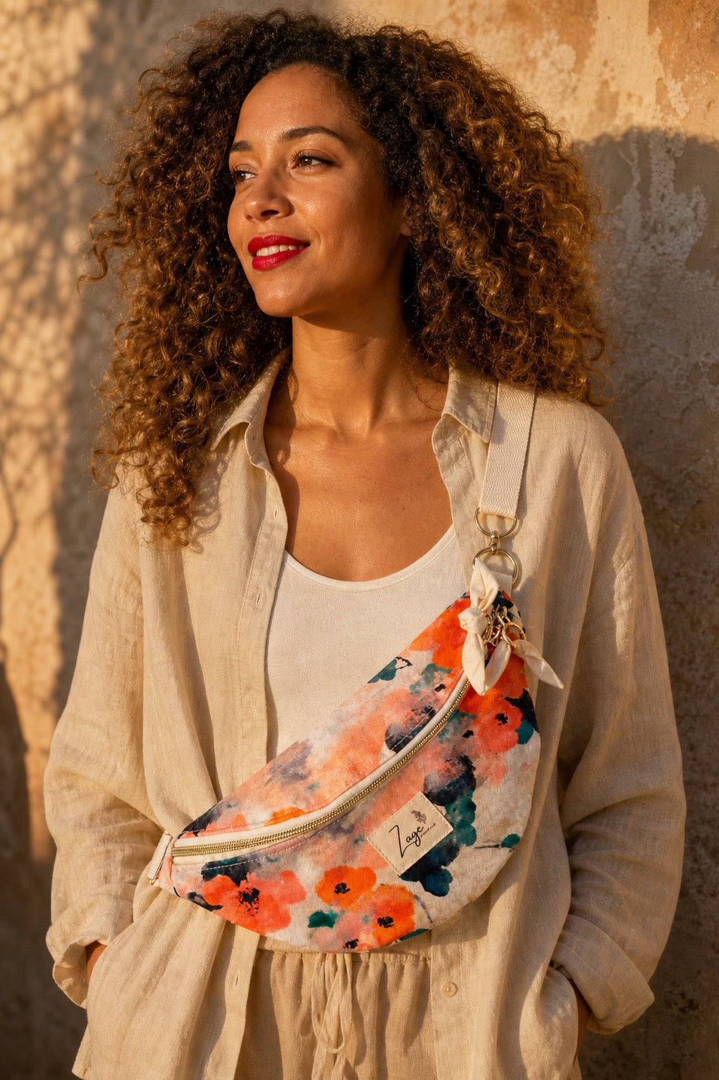 Sac banane femme Eté | Toile de coton fleurie orange & doublure beige (Copie)Sac Femme Zage Colorful Life