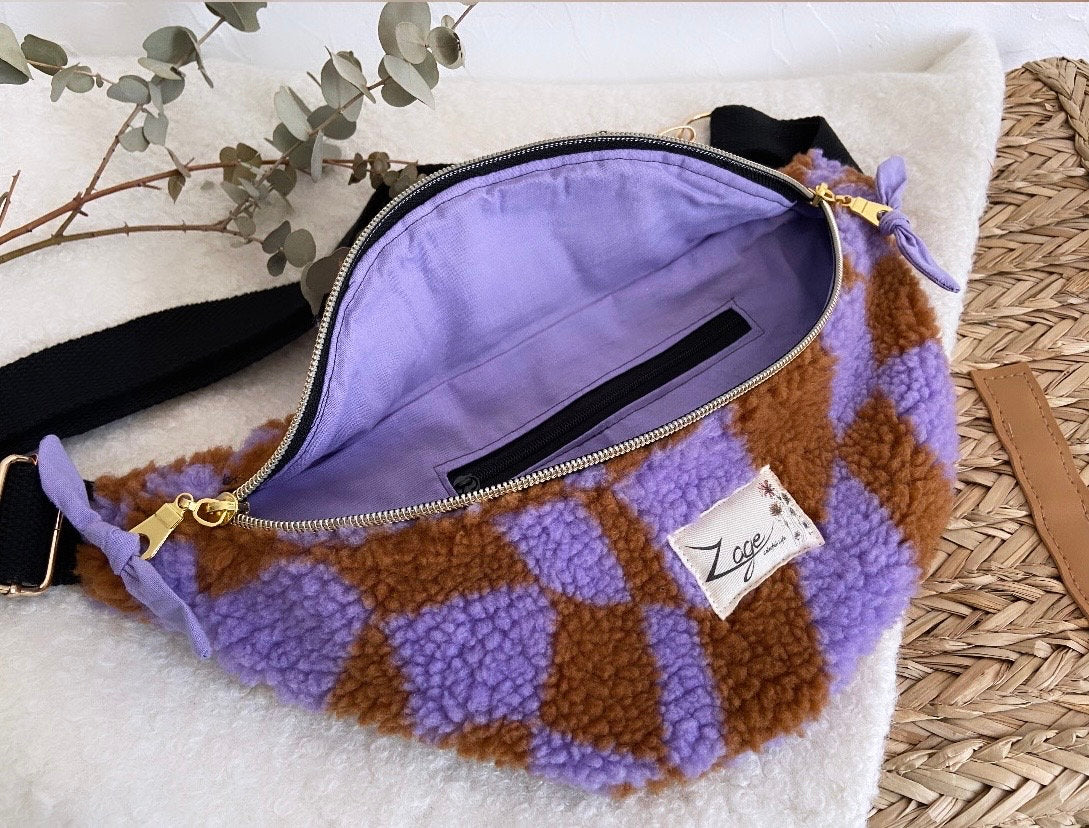 Sac banane femme hiver | Bouclettes/sherpa graphique violet marron & doublure violetteSac Femme Zage Colorful Life