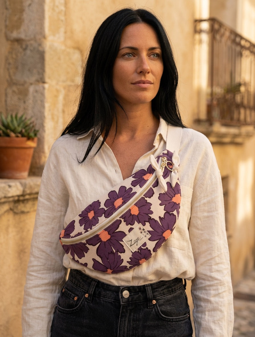 Sac banane femme été | Sweat molletonné marguerites violettes & doublure beigeSac Femme Zage Colorful Life
