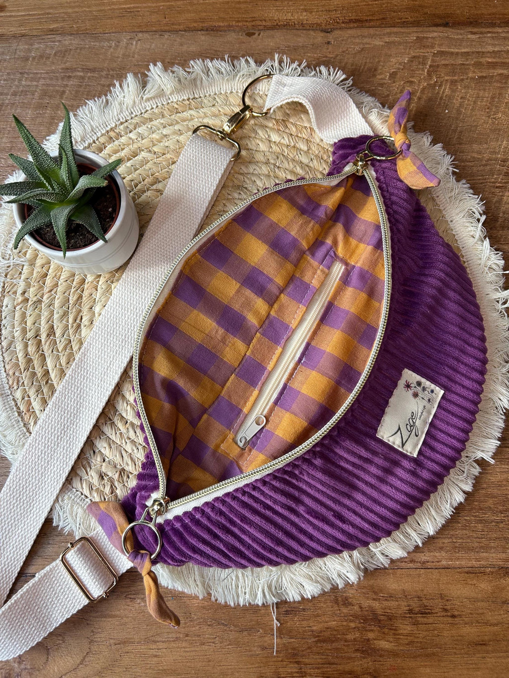 Sac banane femme hiver | Velours côtelé violet & doublure seersucker carreaux violet jauneSac Femme Zage Colorful Life
