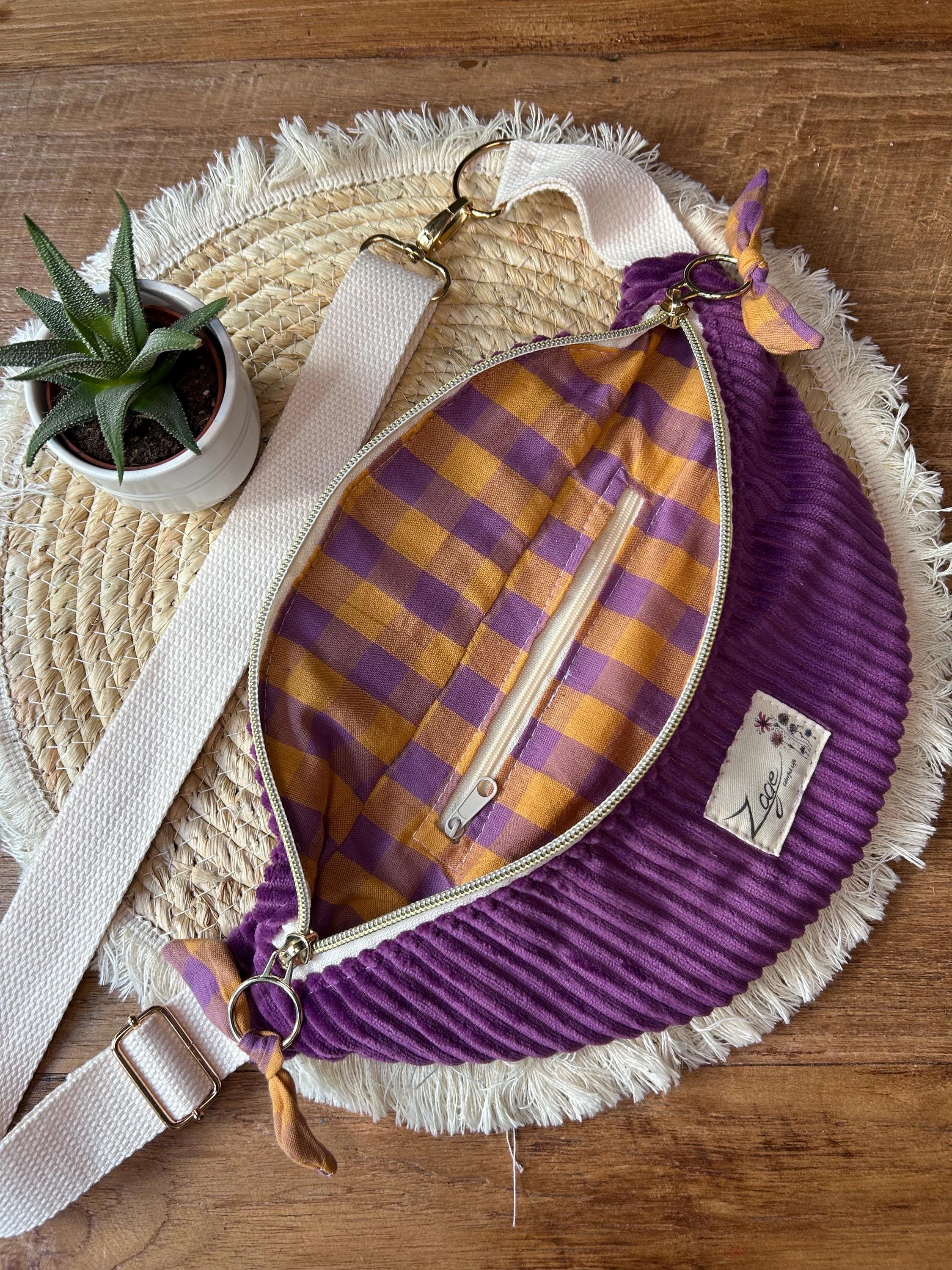 Sac banane femme hiver | Velours côtelé violet & doublure seersucker carreaux violet jauneSac Femme Zage Colorful Life