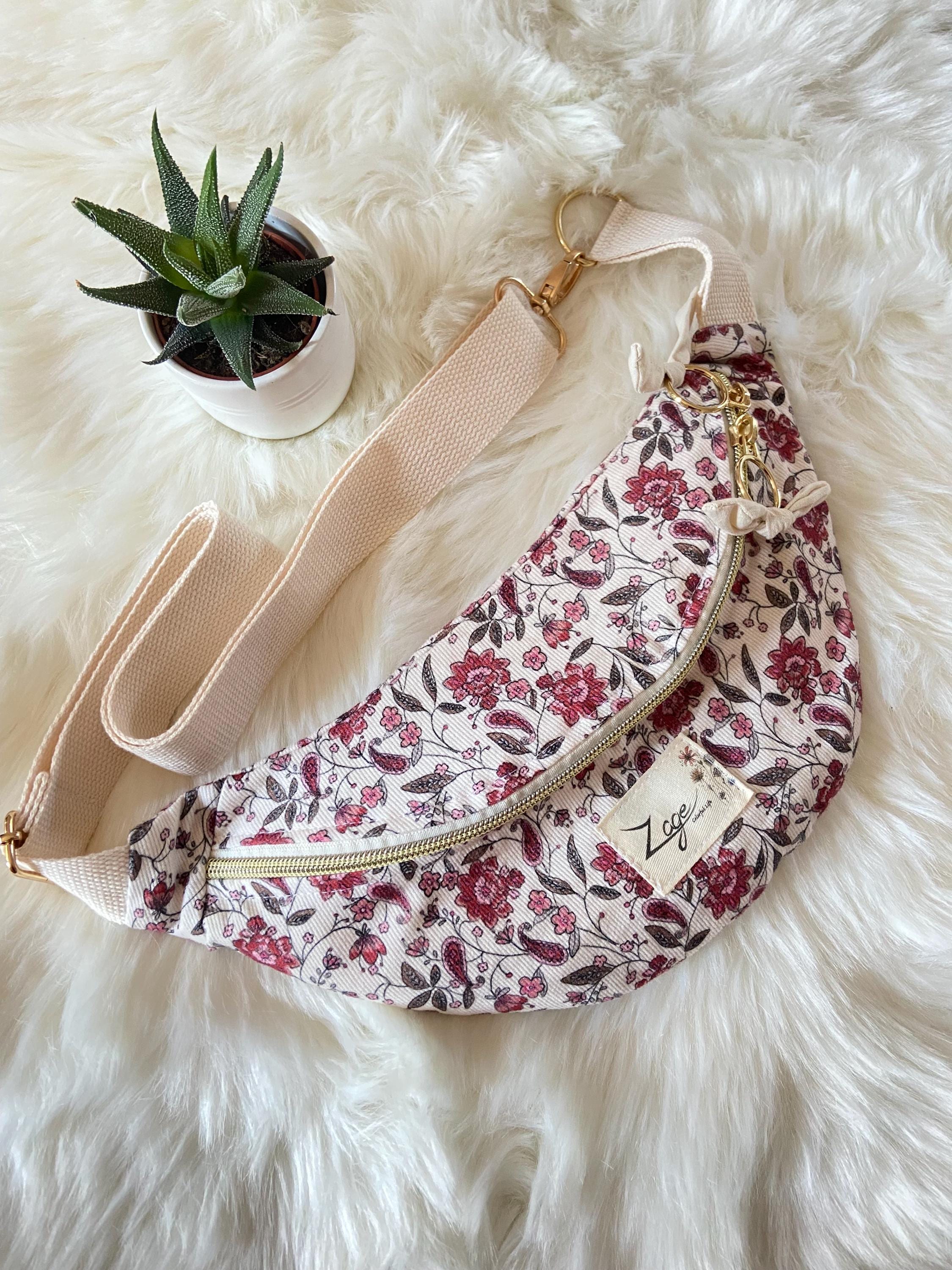 Sac banane femme hiver | Velours côtelé fleuri indy rose foncé & doublure beigeSac Femme Zage Colorful Life