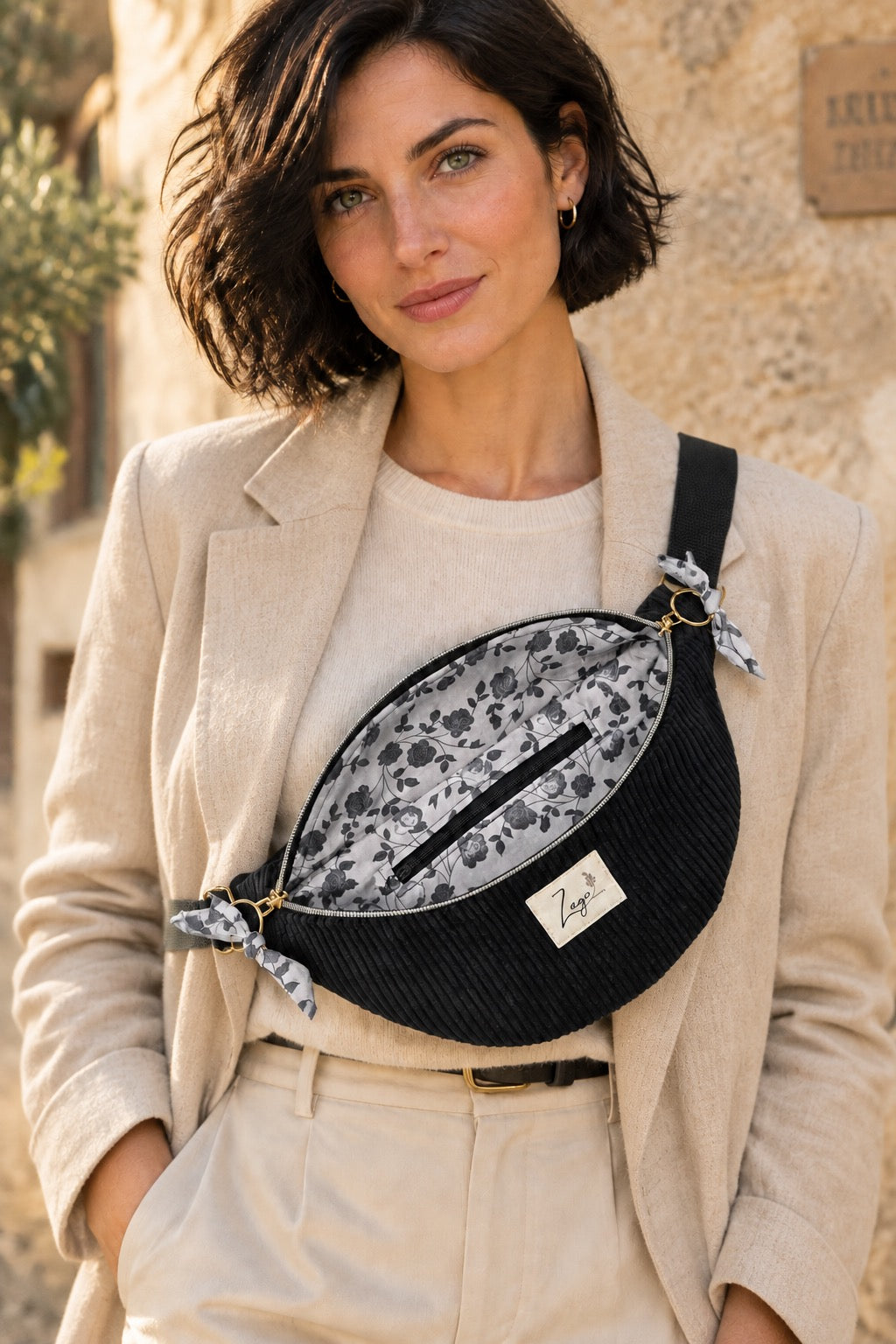 Sac banane femme hiver | Velours côtelé noir & doublure fleurieSac Femme Zage Colorful Life