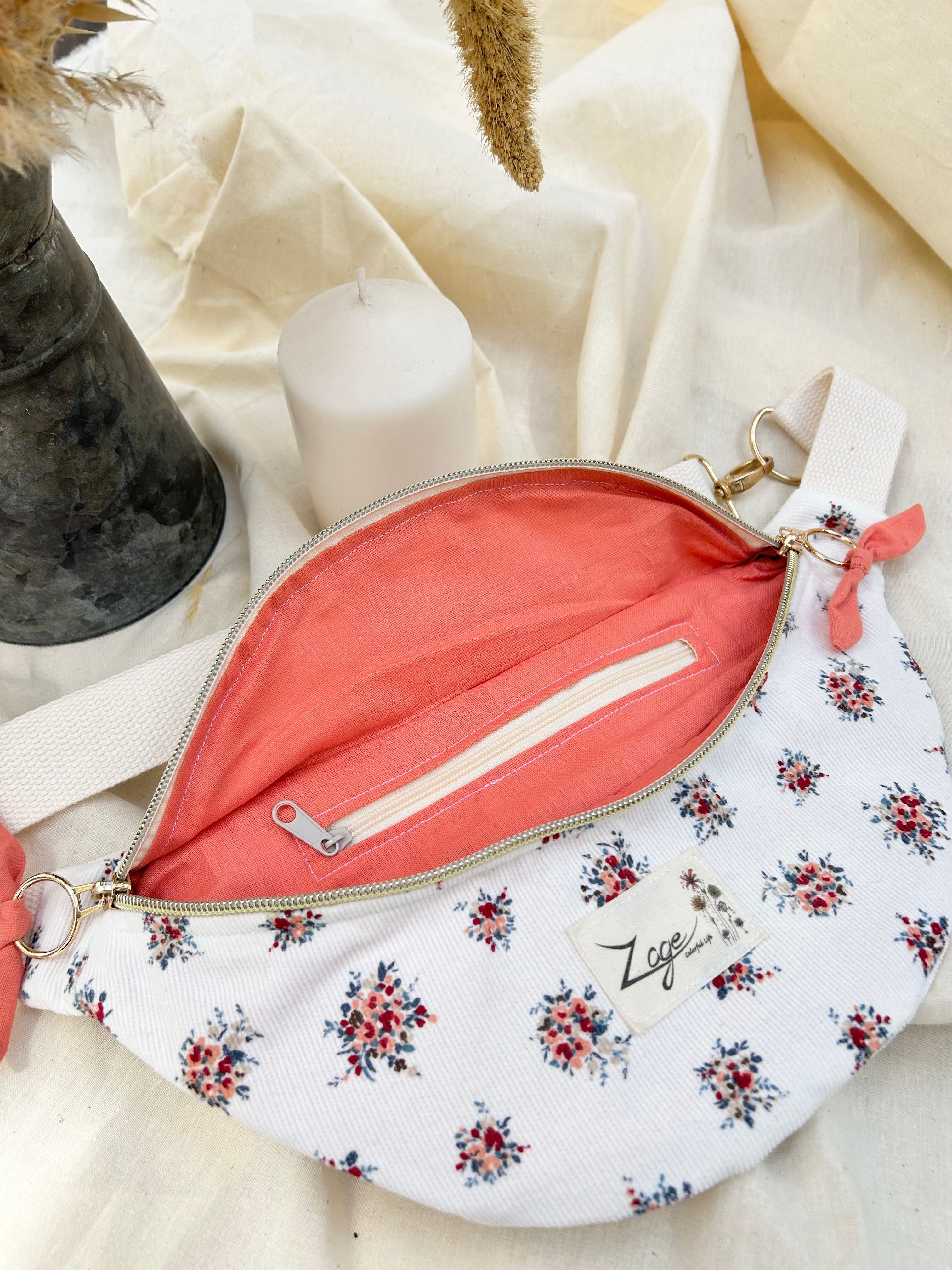 Sac banane femme Hiver | Velours côtelé blanc et fleuri & doublure roseSac Femme Zage Colorful Life