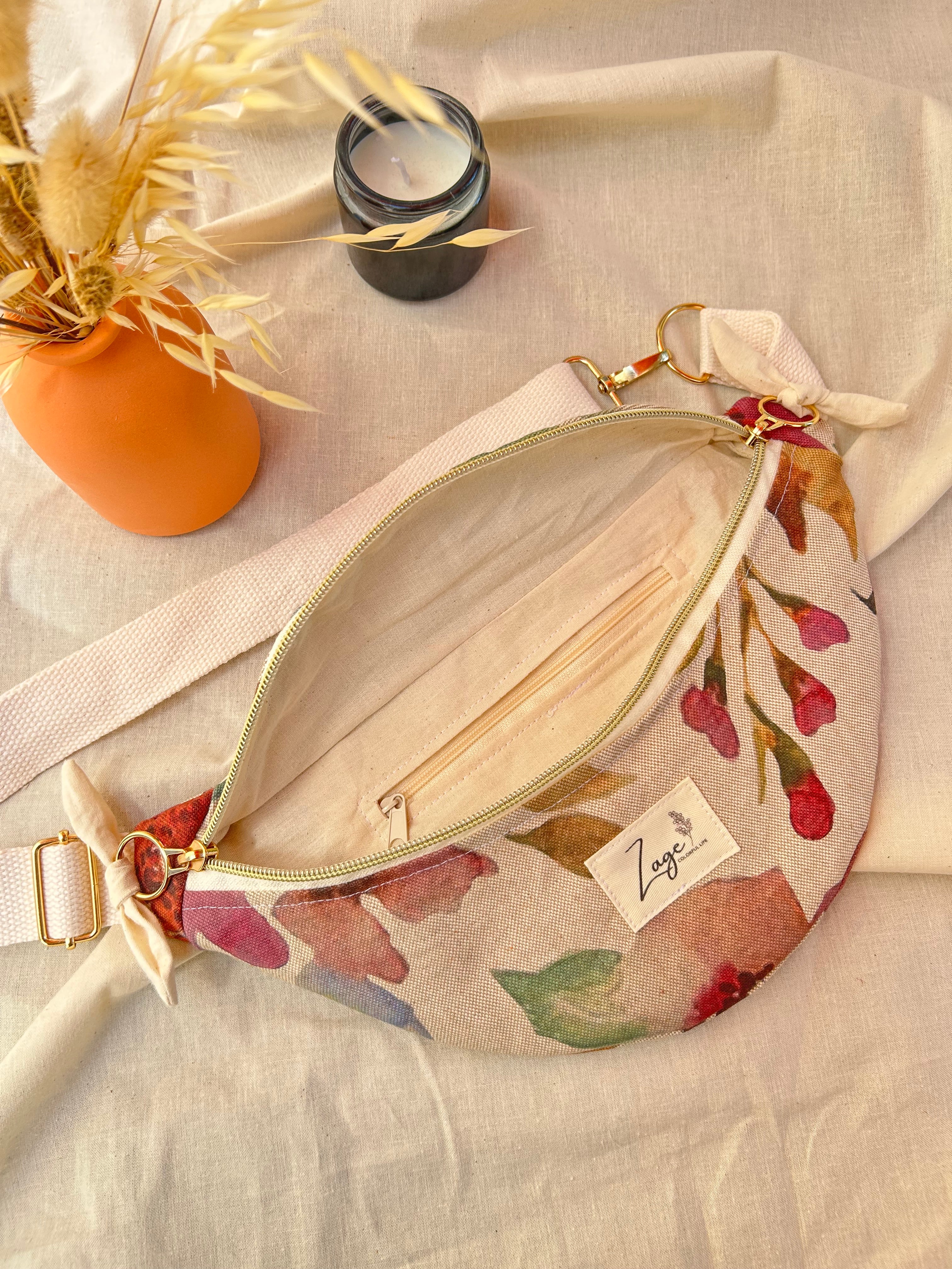 Sac banane femme Eté | Toile de coton fleurie colorée & doublure beige (Copie)Sac Femme Zage Colorful Life