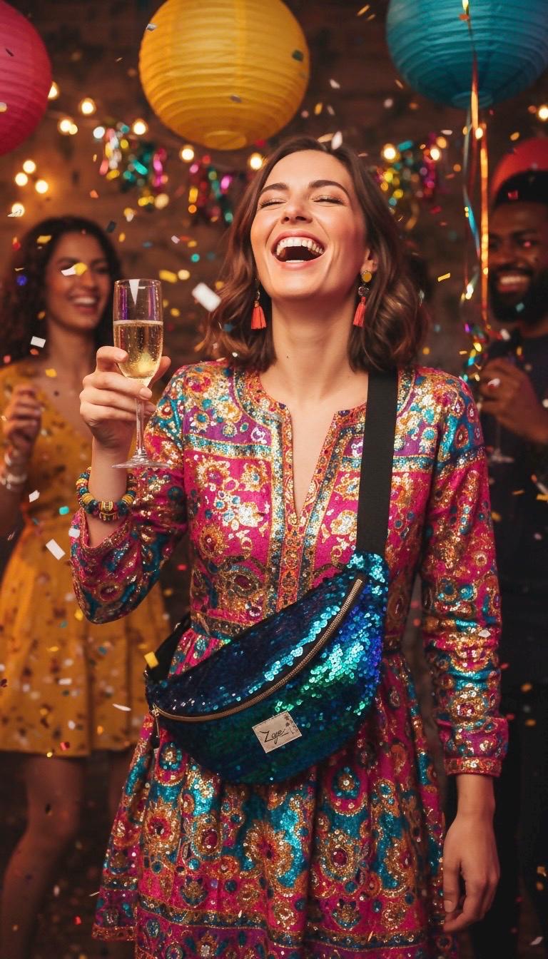 Sac banane femme fête | Sequins caméléon bleu vert violet & doublure noirSac Femme Zage Colorful Life