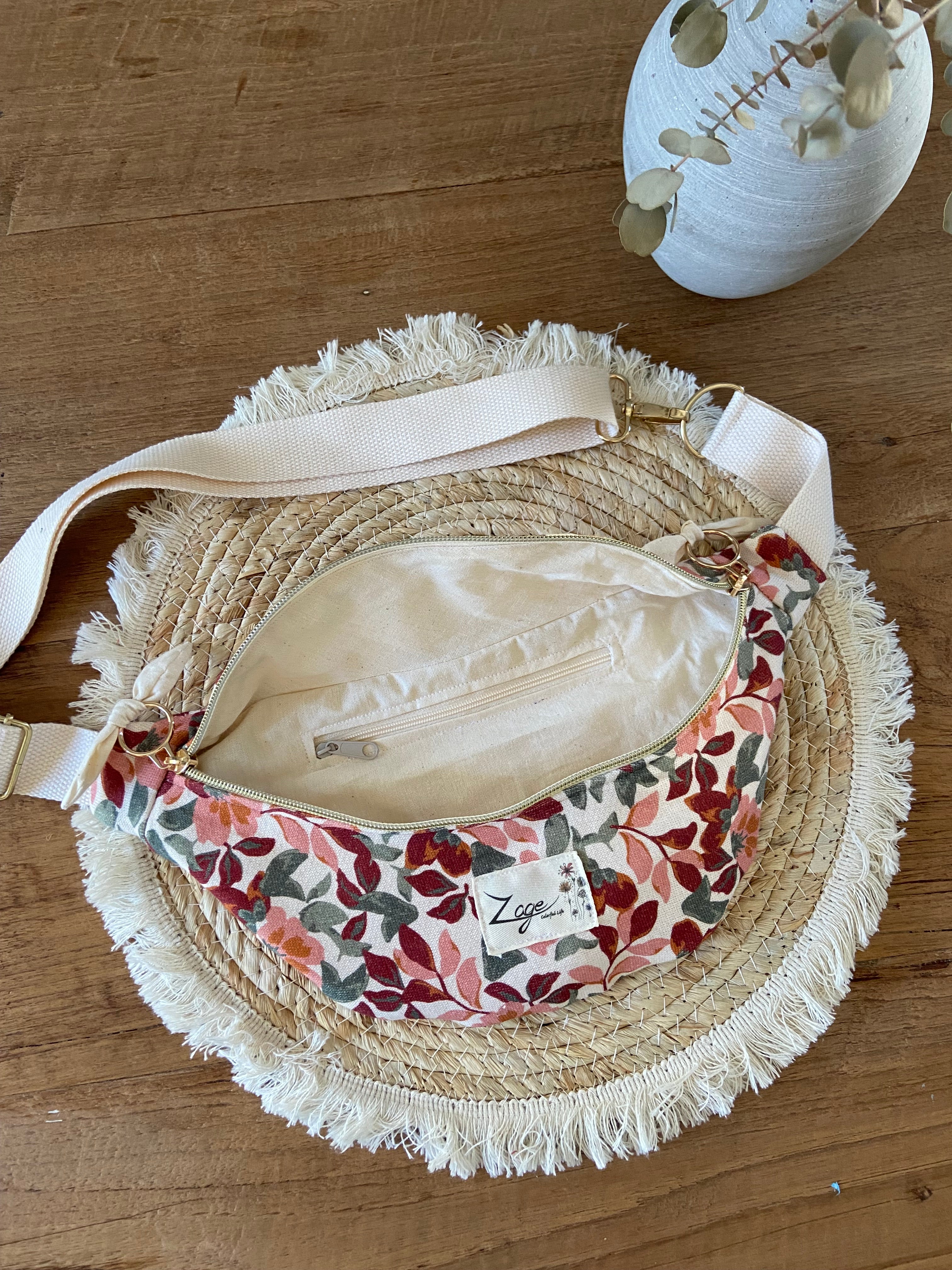Sac Banane Femme | Gabardine Fleurs roses & doublure beigeSac Femme Zage Colorful Life