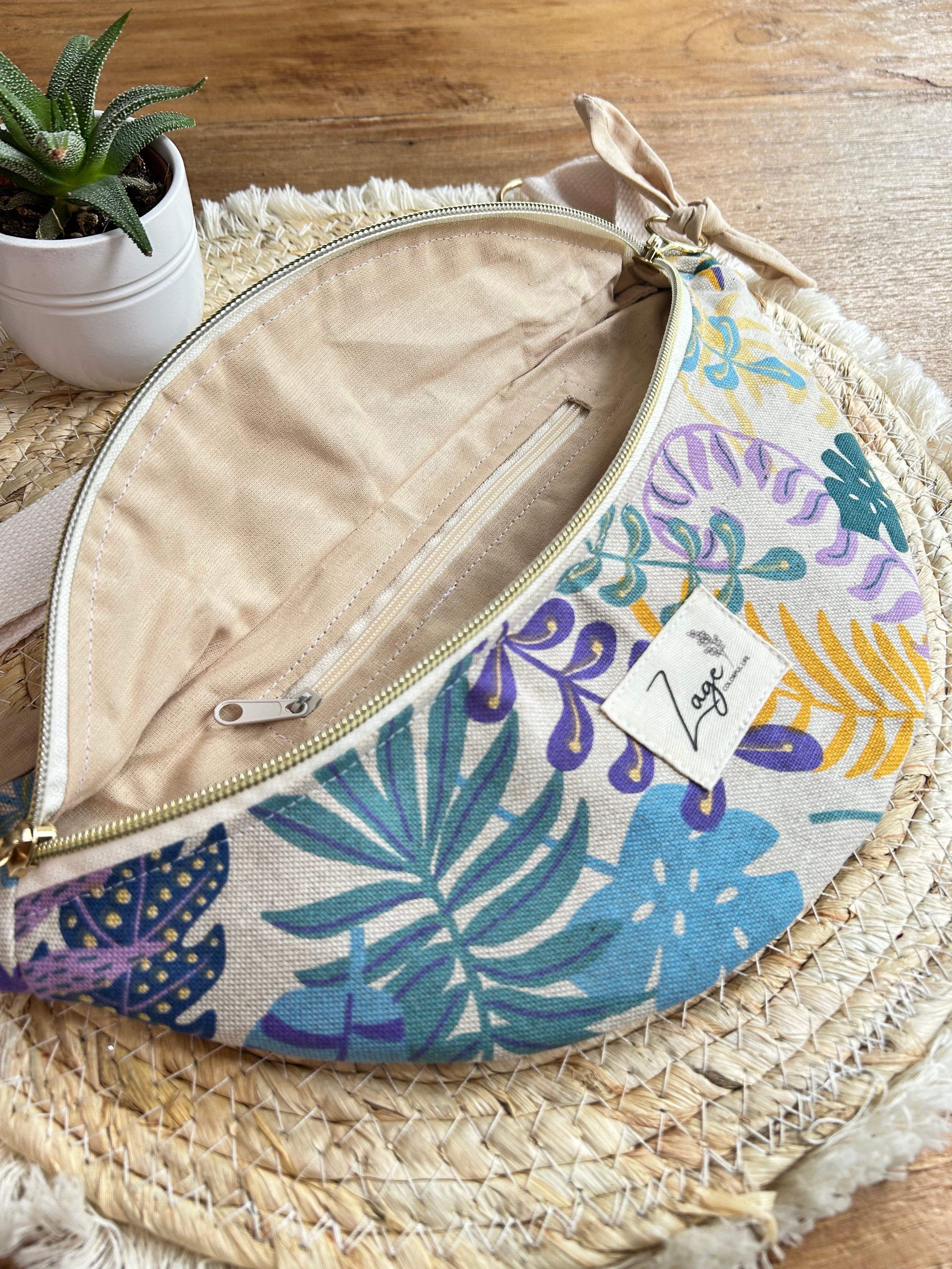 Sac banane femme Eté | Toile de coton feuilles colorées & doublure beigeSac Femme Zage Colorful Life