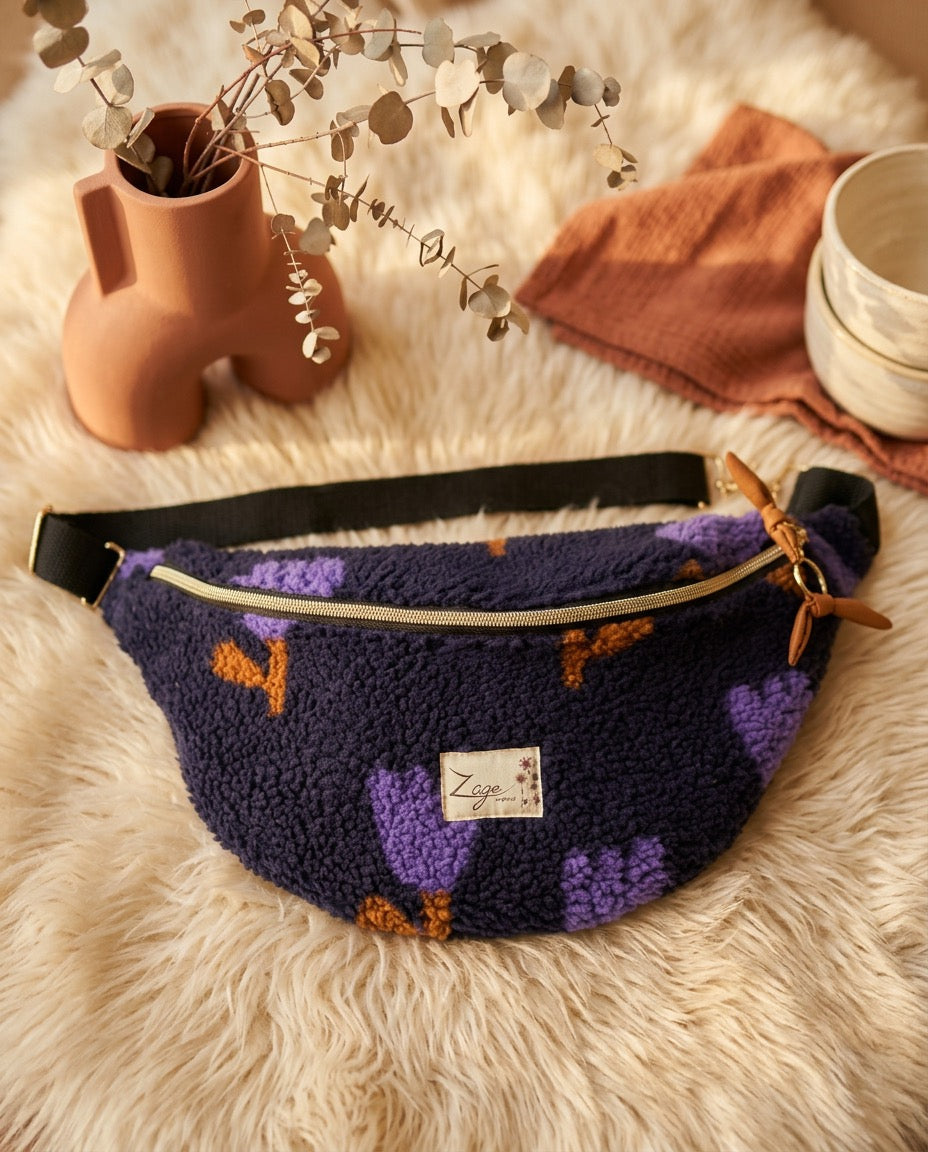 Sac banane femme hiver | Bouclettes/sherpa bleu marine motifs tulipes & doublure marronSac Femme Zage Colorful Life