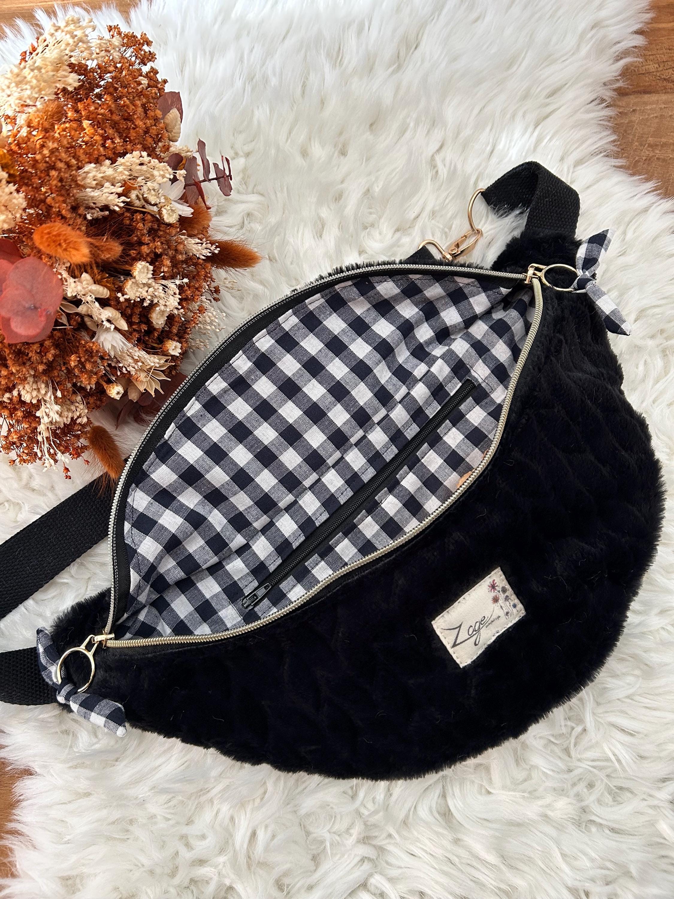 Sac banane femme hiver| Fausse fourrure noire & doublure vichy noireSac Femme Zage Colorful Life