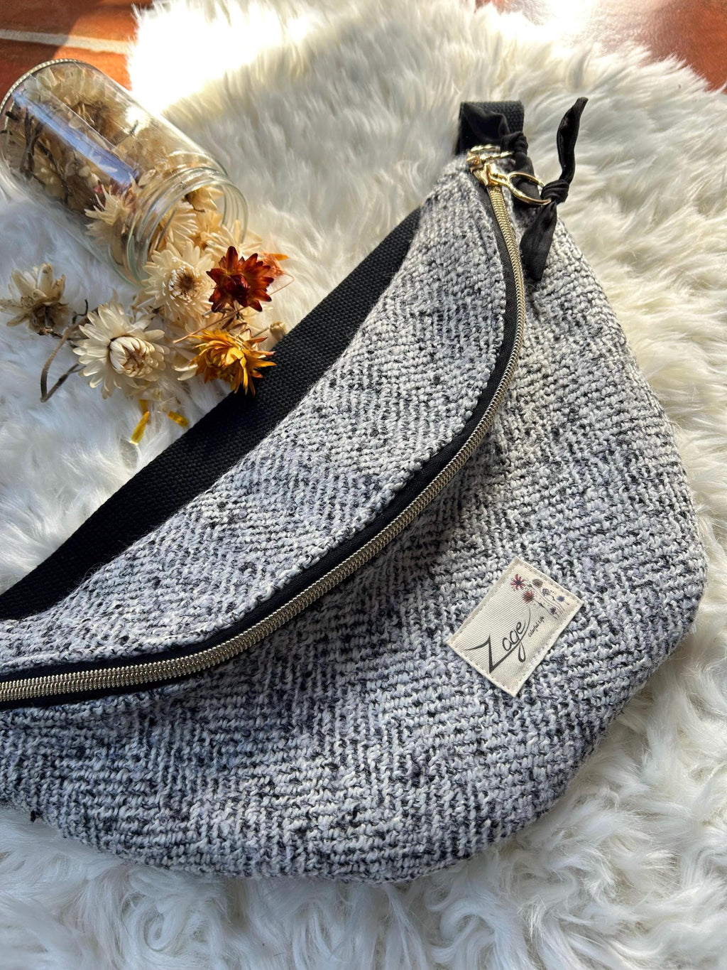 Sac banane femme hiver | Laine mélangée gris noir blanc & doublure noireSac Femme Zage Colorful Life
