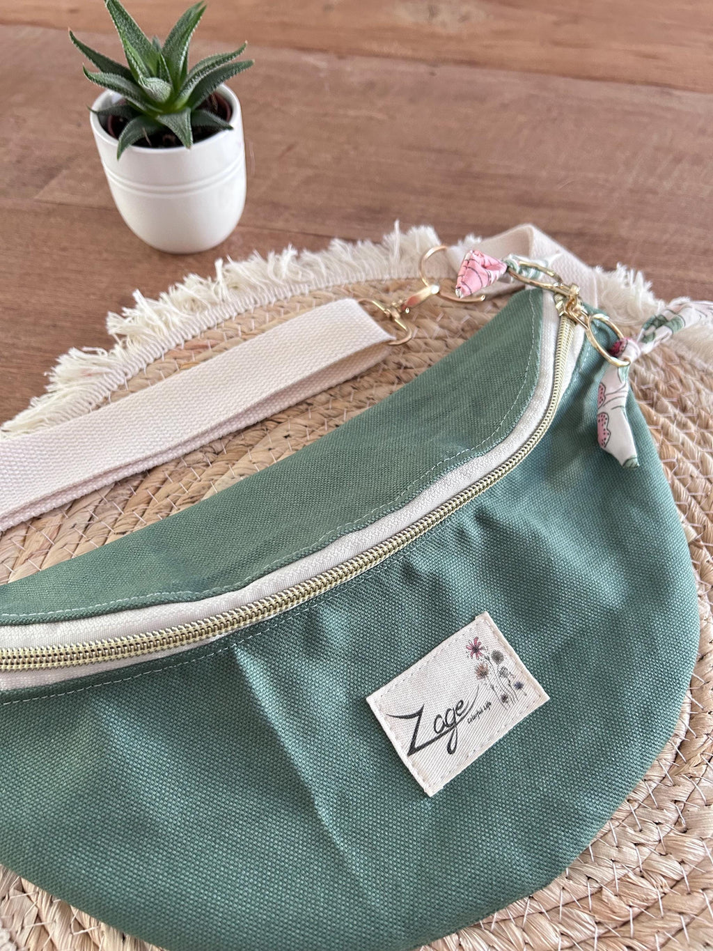 Sac banane femme été | Toile canvas vert olive & doublure fleurie roseSac Femme Zage Colorful Life