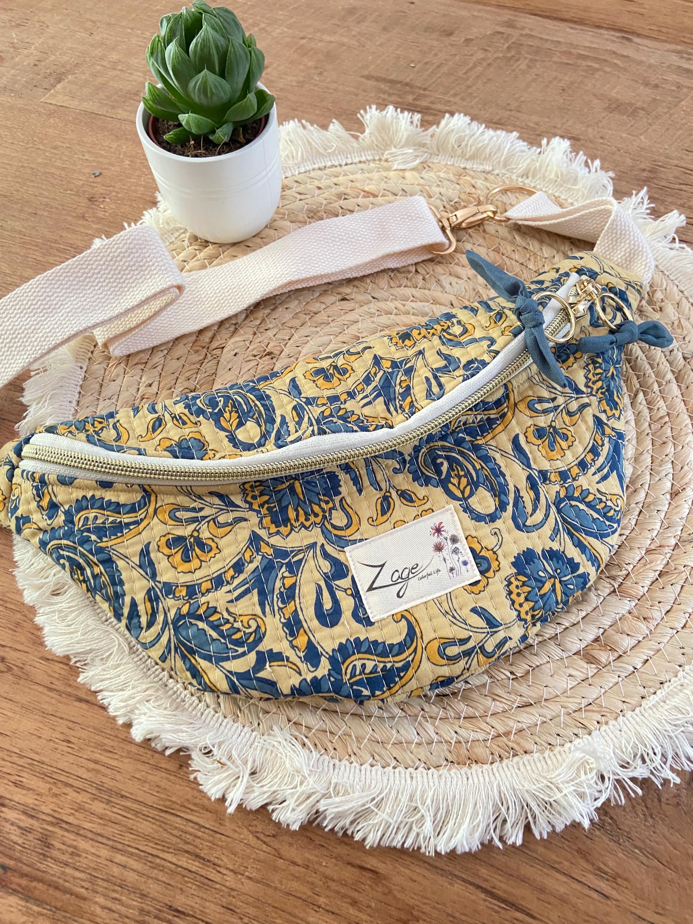 Sac Banane Femme | Matelassé motifs Indy bleu sur fond jaune & doublure bleu pétroleSac Femme Zage Colorful Life