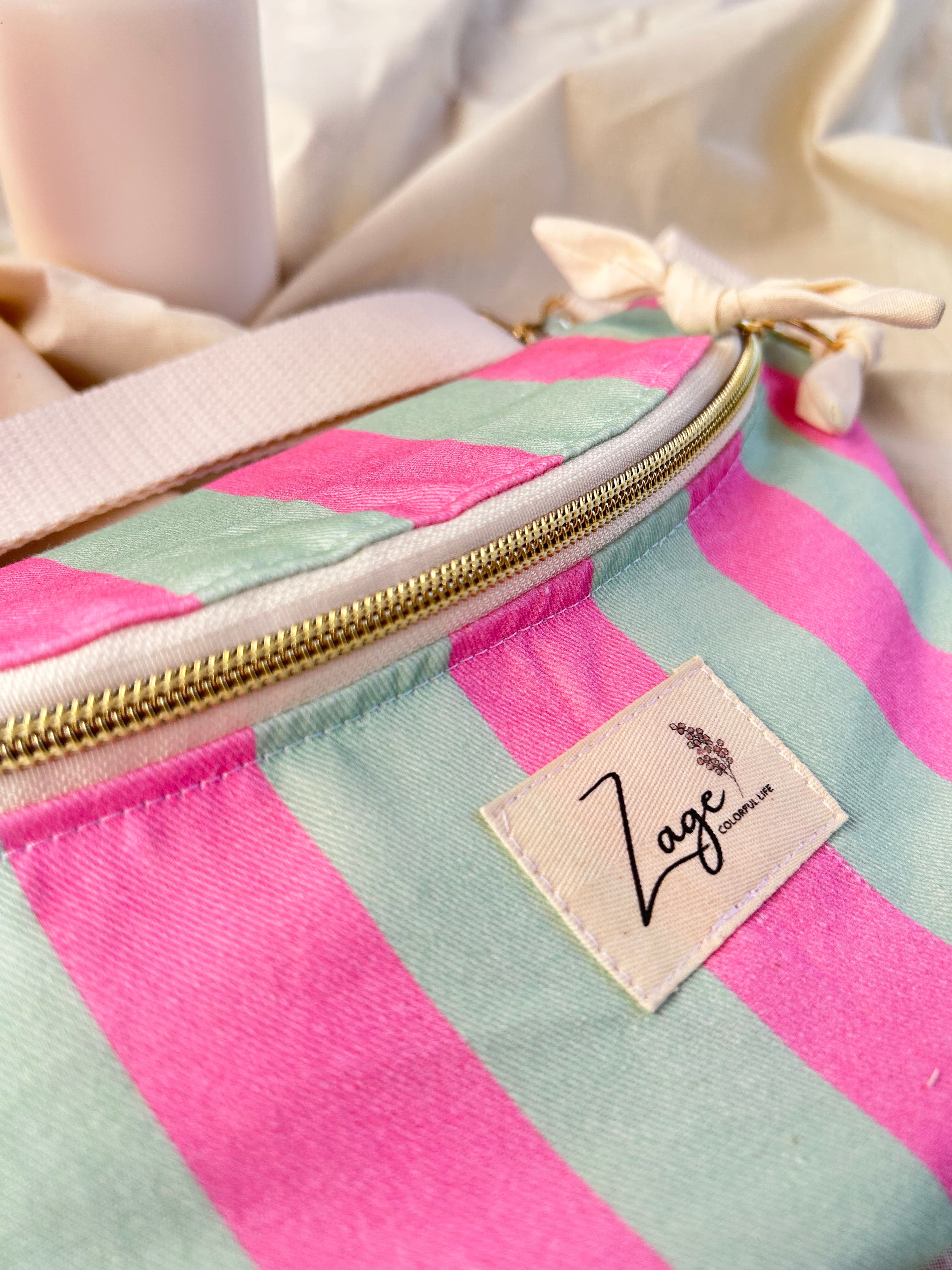 Sac banane femme Eté | Sergé de coton vert menthe et rose & doublure beigeSac Femme Zage Colorful Life