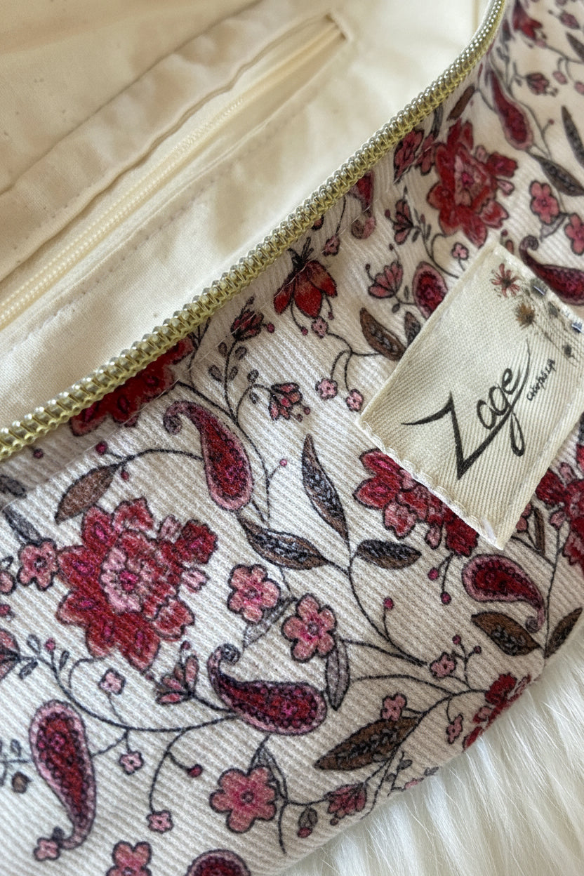 Sac banane femme hiver | Velours côtelé fleuri indy rose foncé & doublure beigeSac Femme Zage Colorful Life