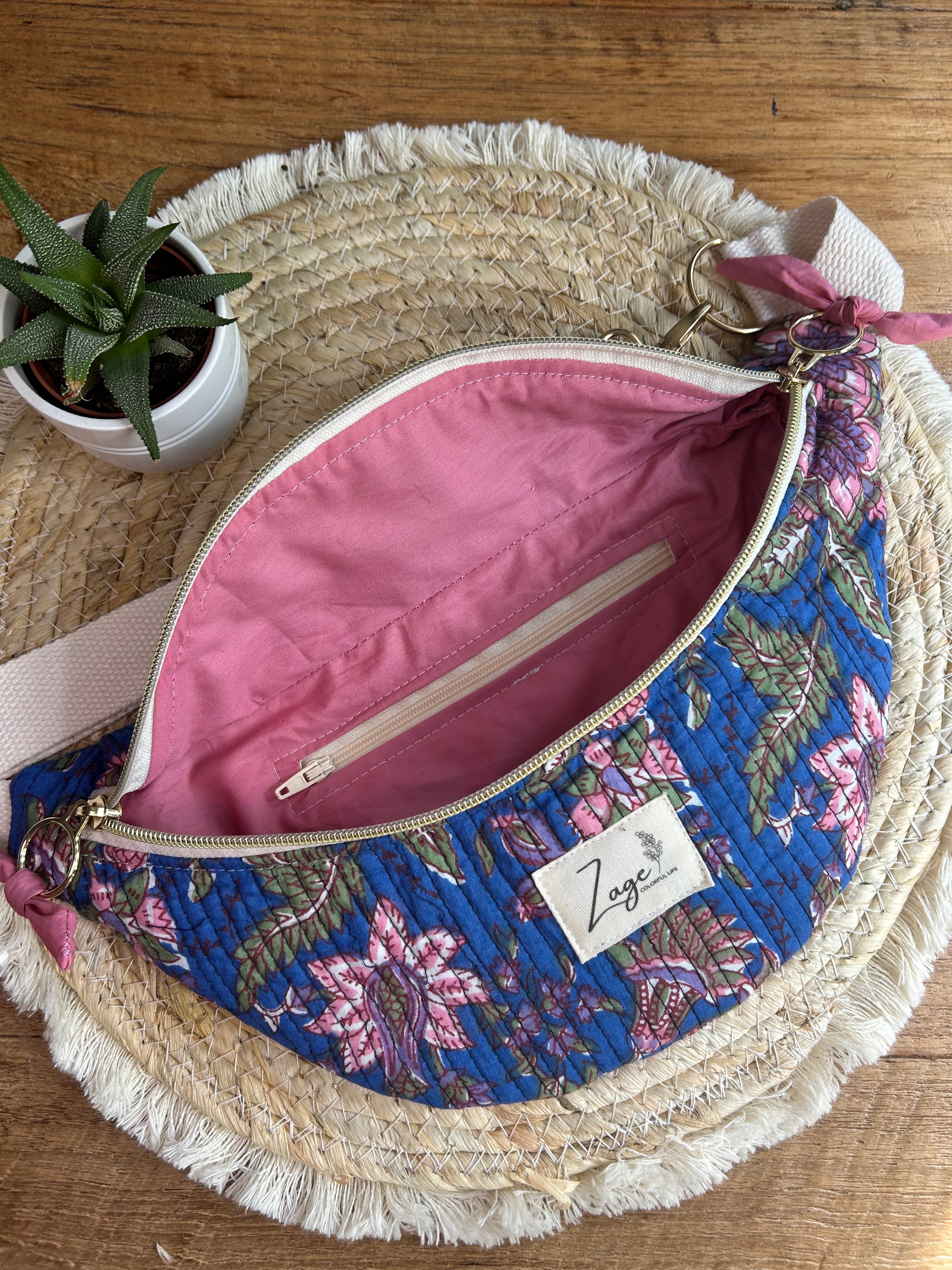 Sac banane femme Matelassé | Tissu matelassé bleu fleuri & doublure roseSac Femme Zage Colorful Life