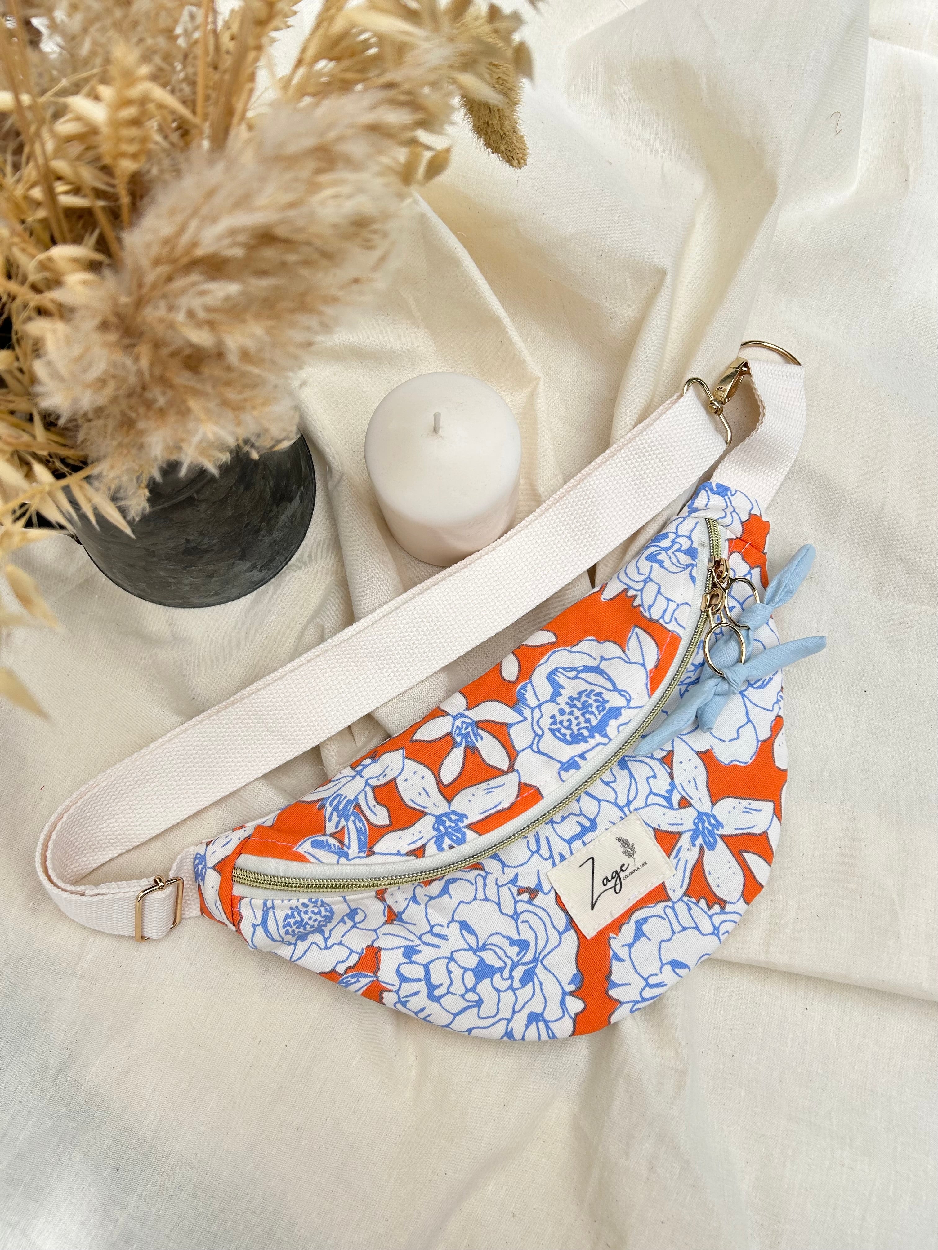 Sac Banane Femme | Toile de coton fleuri orange & doublure bleu clairSac Femme Zage Colorful Life