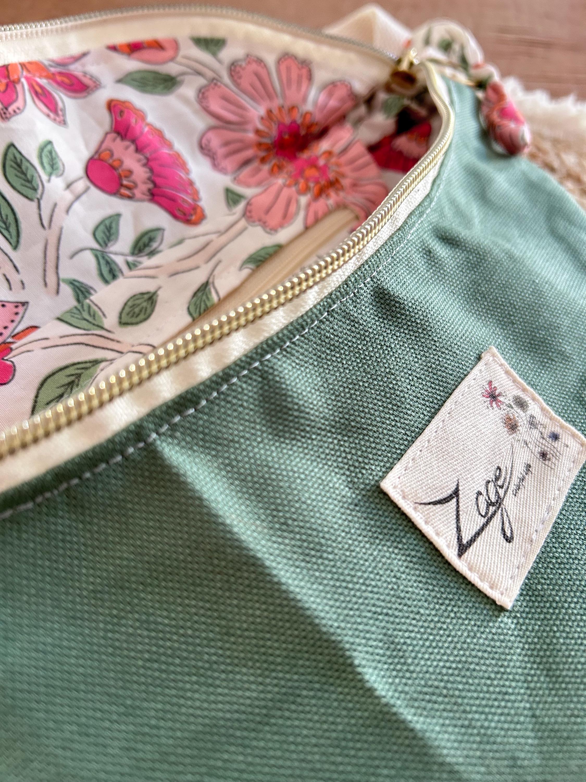 Sac banane femme été | Toile canvas vert olive & doublure fleurie roseSac Femme Zage Colorful Life