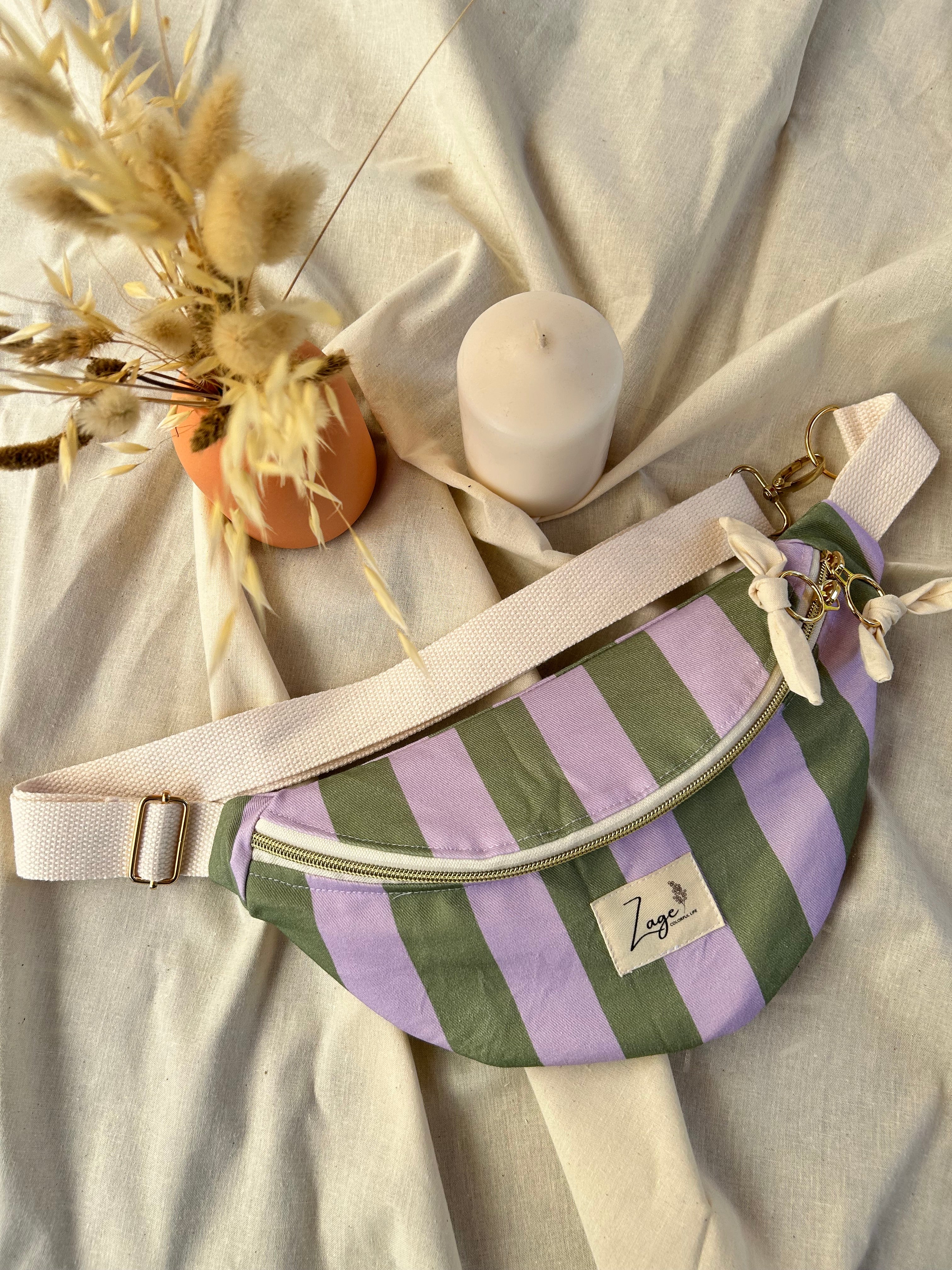 Sac banane femme Eté | Sergé de coton vert et lilas & doublure beigeSac Femme Zage Colorful Life