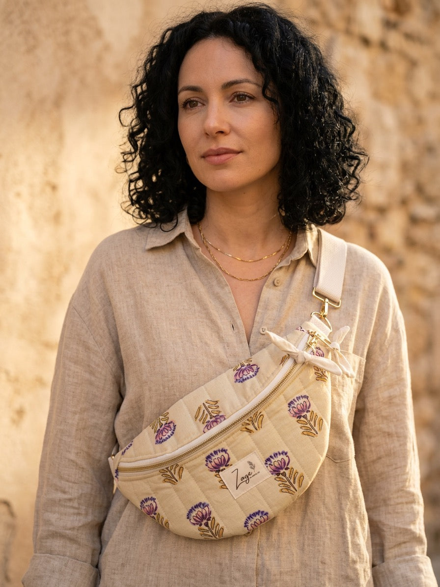 Sac banane femme Matelassé | Tissu matelassé beige fleuri & doublure beigeSac Femme Zage Colorful Life