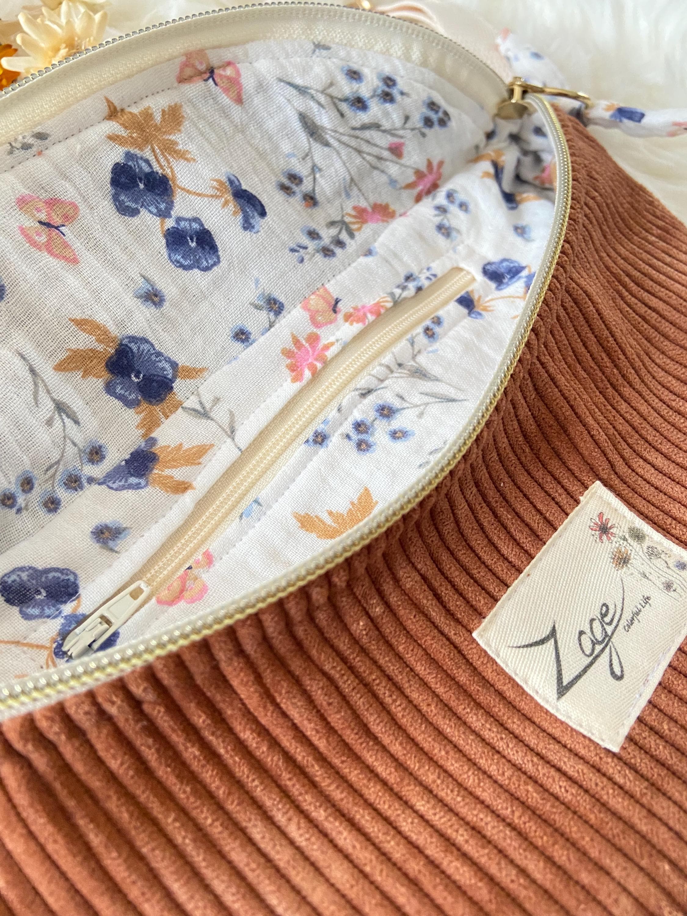 Sac banane femme hiver | Velours côtelé marron & doublure gaze de coton fleuriSac Femme Zage Colorful Life
